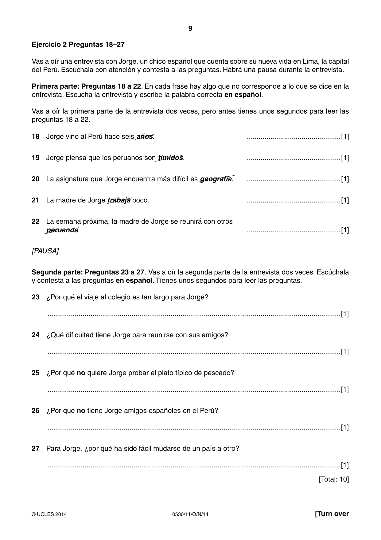Cambridge IGCSE Spanish - Foreign Language 0530 2014 Oct/Nov Paper 1 · Variant 1 question paper, page 9 of 12