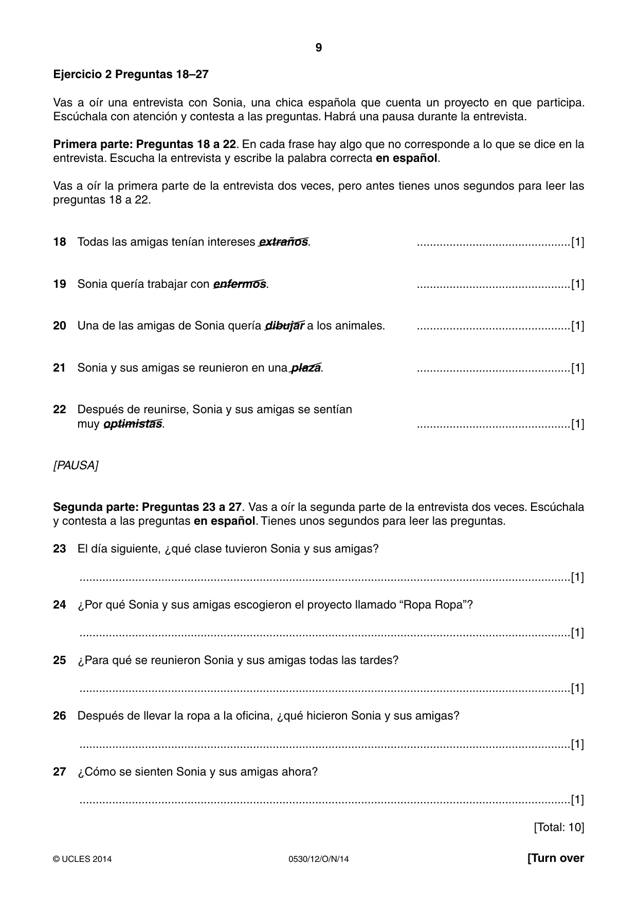 Cambridge IGCSE Spanish - Foreign Language 0530 2014 Oct/Nov Paper 1 · Variant 2 question paper, page 9 of 12