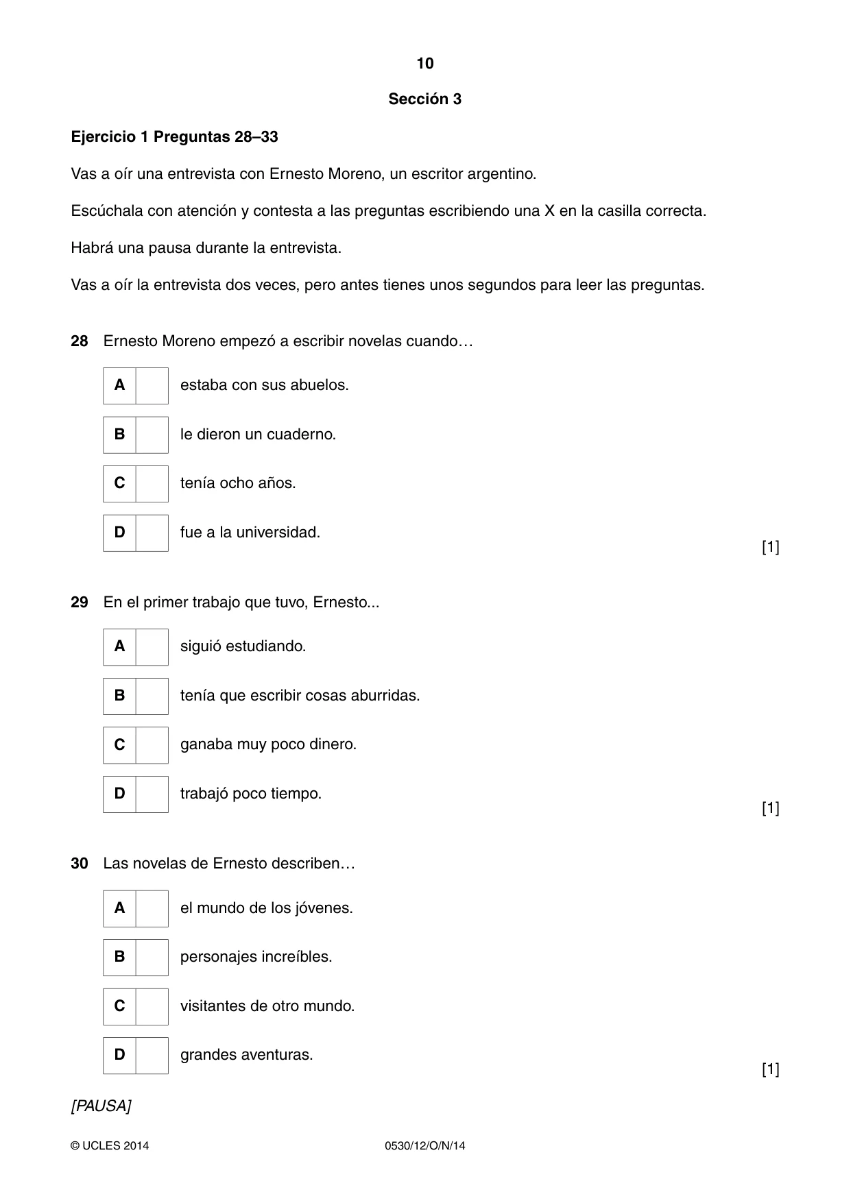 Cambridge IGCSE Spanish - Foreign Language 0530 2014 Oct/Nov Paper 1 · Variant 2 question paper, page 10 of 12