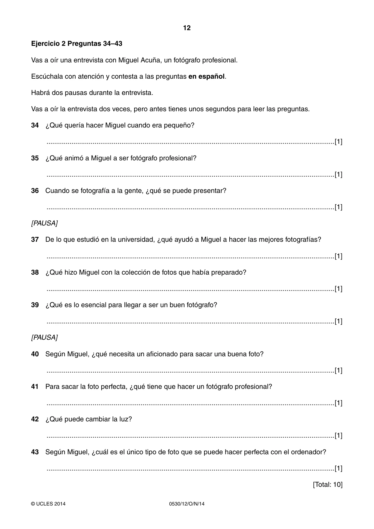 Cambridge IGCSE Spanish - Foreign Language 0530 2014 Oct/Nov Paper 1 · Variant 2 question paper, page 12 of 12