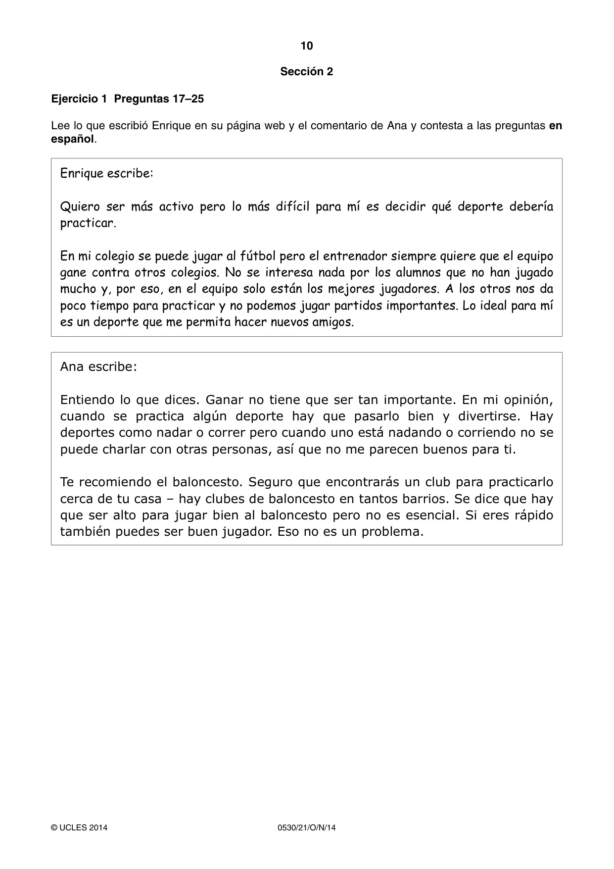 Cambridge IGCSE Spanish - Foreign Language 0530 2014 Oct/Nov Paper 2 · Variant 1 question paper, page 10 of 20