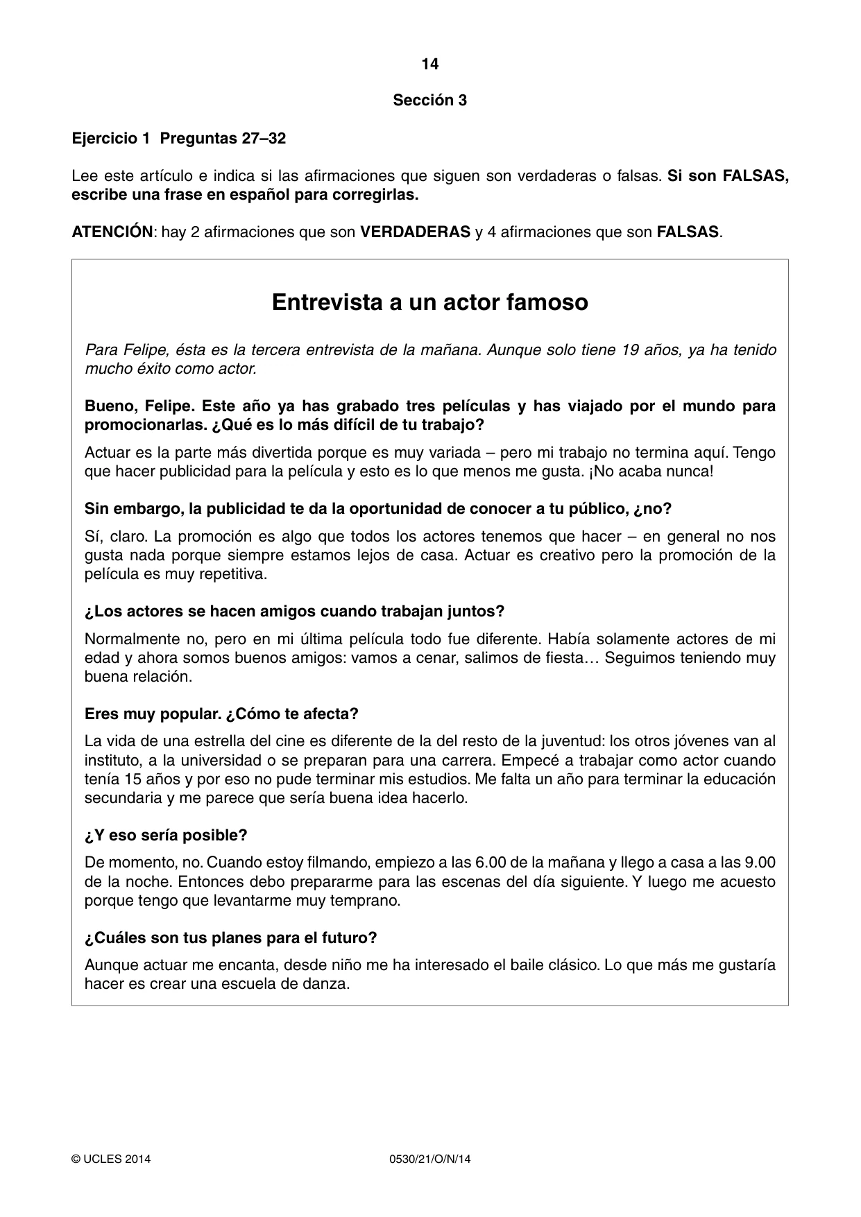 Cambridge IGCSE Spanish - Foreign Language 0530 2014 Oct/Nov Paper 2 · Variant 1 question paper, page 14 of 20