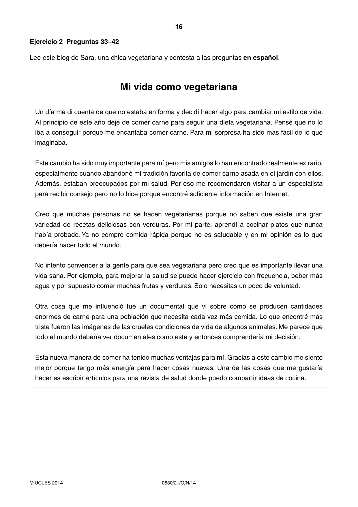 Cambridge IGCSE Spanish - Foreign Language 0530 2014 Oct/Nov Paper 2 · Variant 1 question paper, page 16 of 20