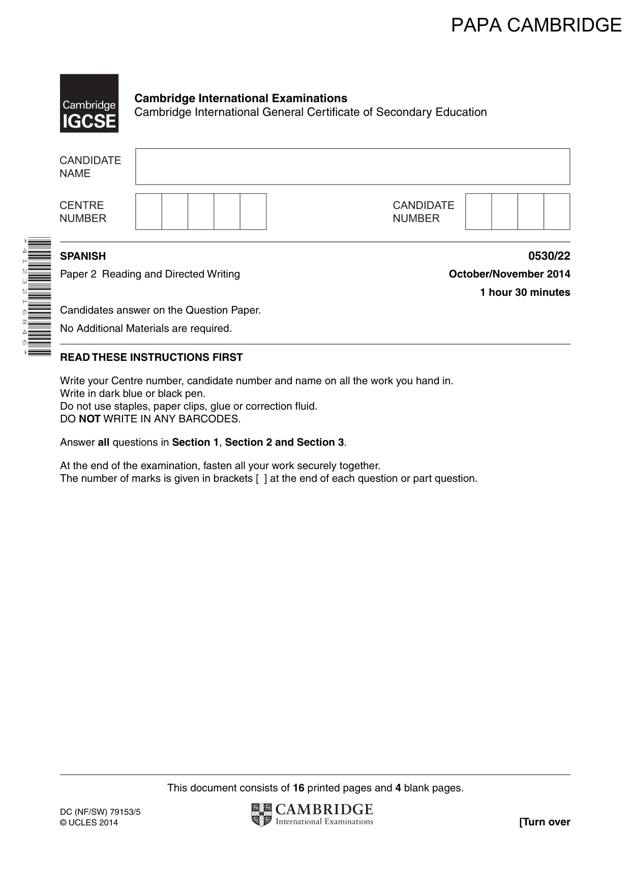 Cambridge IGCSE Spanish - Foreign Language 0530 2014 Oct/Nov Paper 2 · Variant 2 question paper, page 1 of 20