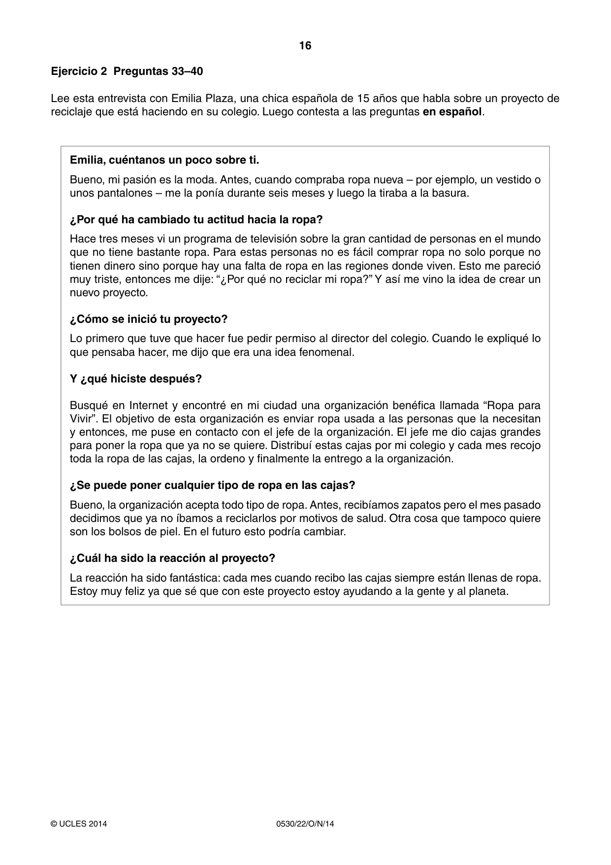 Cambridge IGCSE Spanish - Foreign Language 0530 2014 Oct/Nov Paper 2 · Variant 2 question paper, page 16 of 20