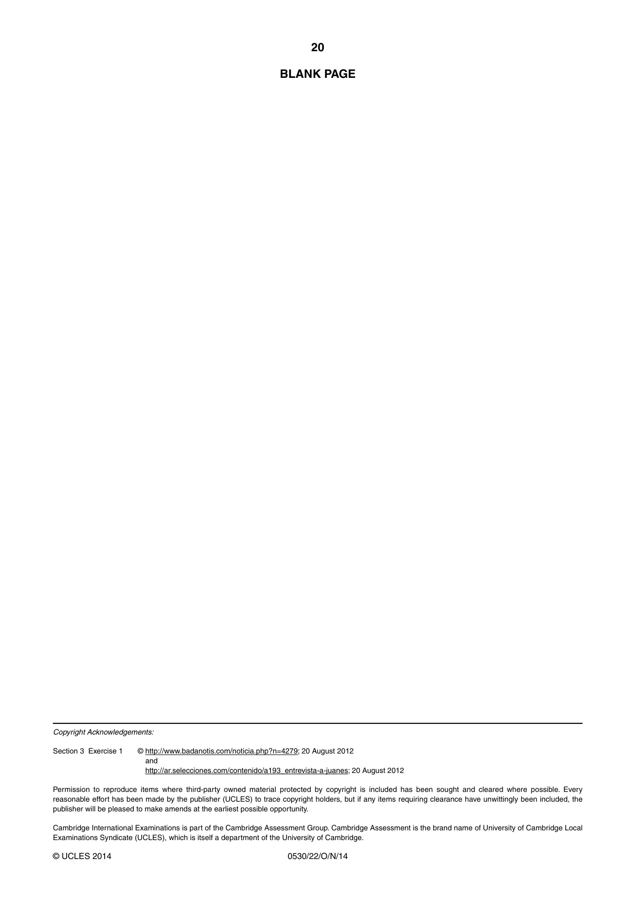 Cambridge IGCSE Spanish - Foreign Language 0530 2014 Oct/Nov Paper 2 · Variant 2 question paper, page 20 of 20