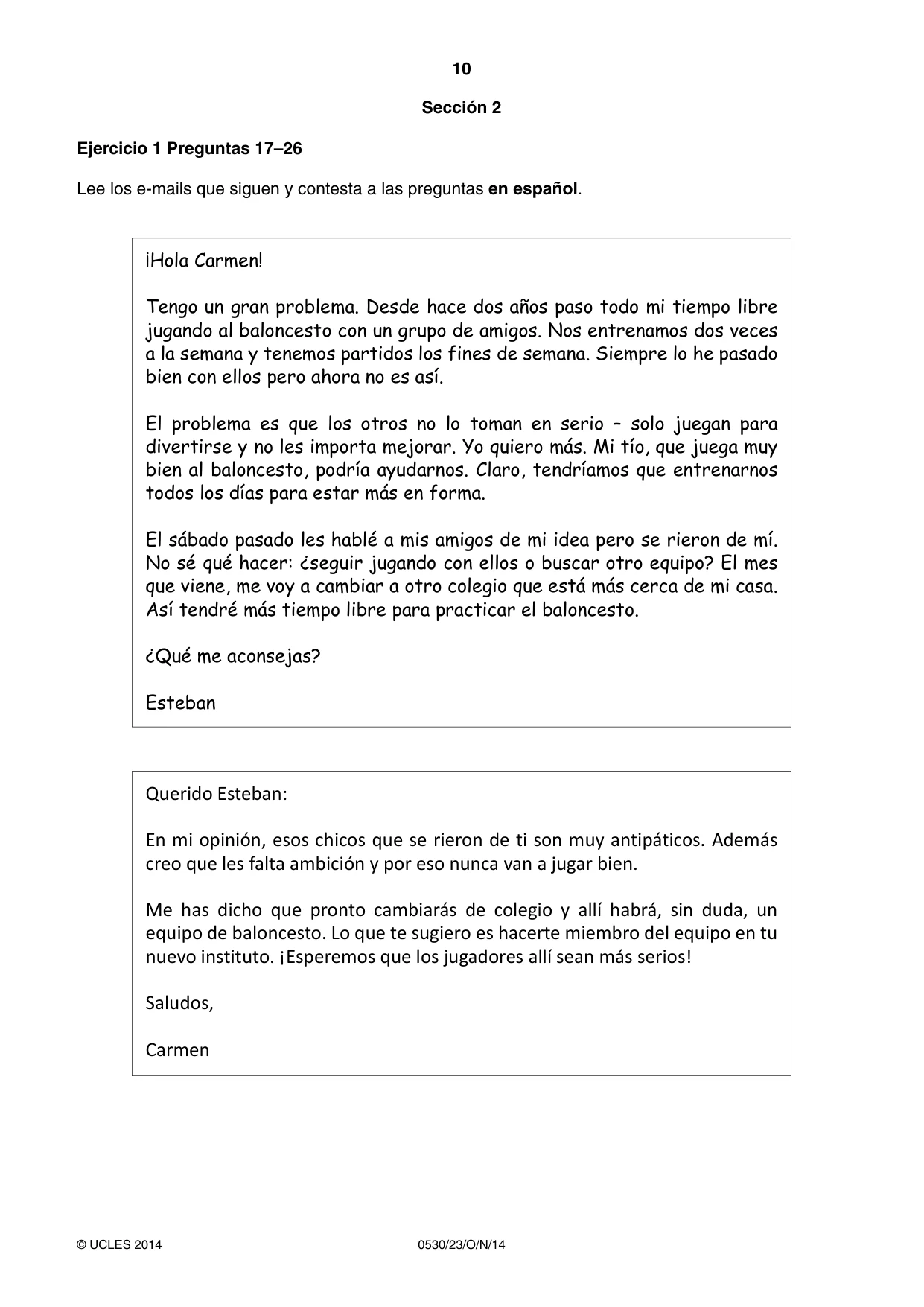 Cambridge IGCSE Spanish - Foreign Language 0530 2014 Oct/Nov Paper 2 · Variant 3 question paper, page 10 of 20