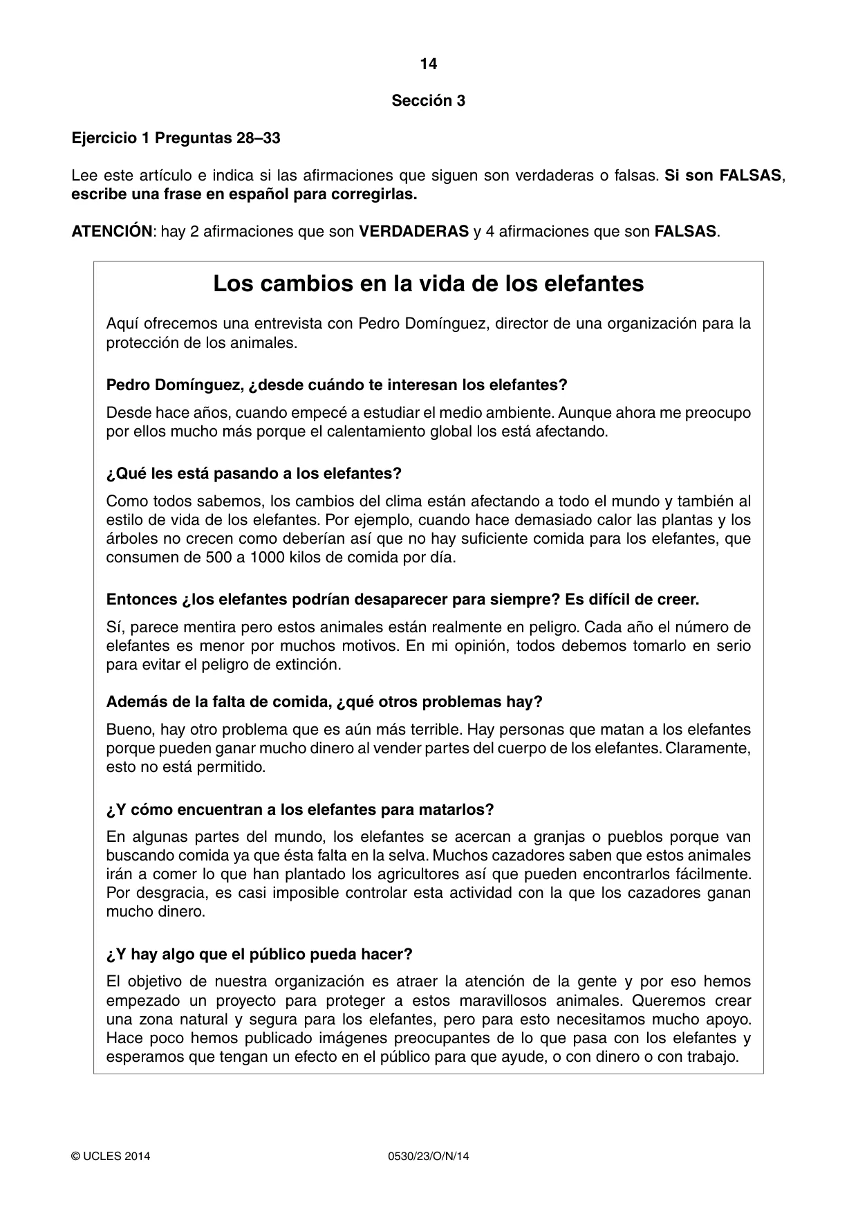 Cambridge IGCSE Spanish - Foreign Language 0530 2014 Oct/Nov Paper 2 · Variant 3 question paper, page 14 of 20