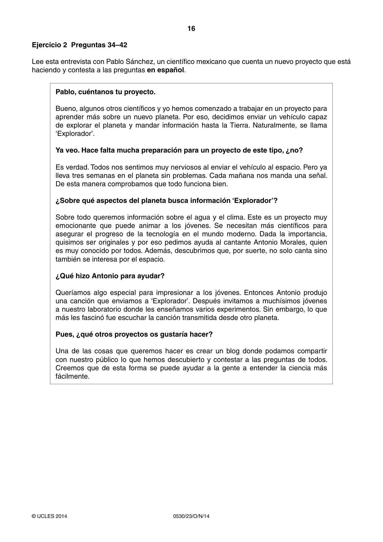 Cambridge IGCSE Spanish - Foreign Language 0530 2014 Oct/Nov Paper 2 · Variant 3 question paper, page 16 of 20