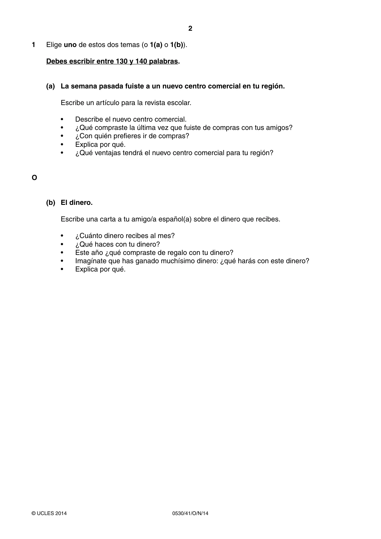 Cambridge IGCSE Spanish - Foreign Language 0530 2014 Oct/Nov Paper 4 · Variant 1 question paper, page 2 of 4