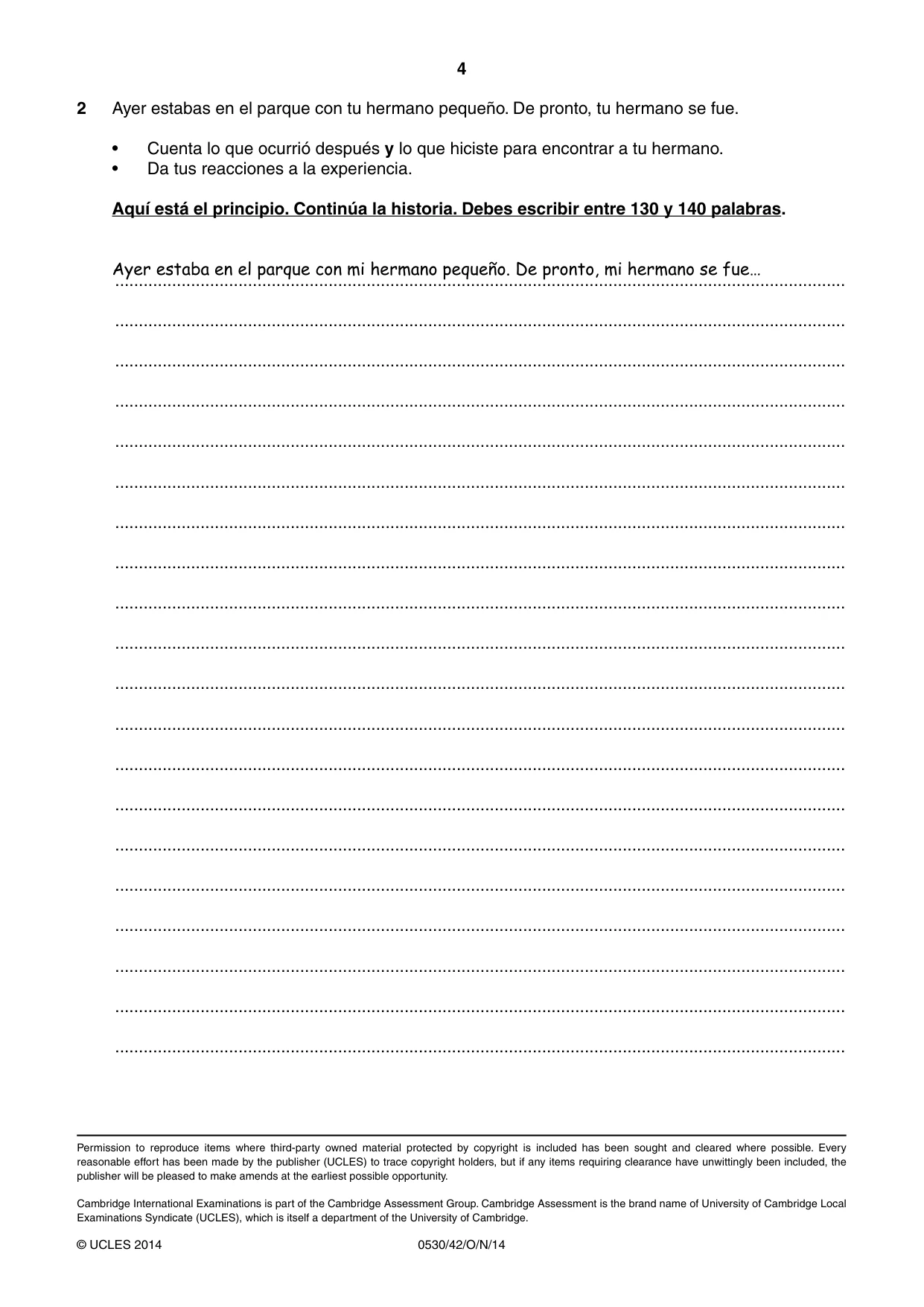 Cambridge IGCSE Spanish - Foreign Language 0530 2014 Oct/Nov Paper 4 · Variant 2 question paper, page 4 of 4
