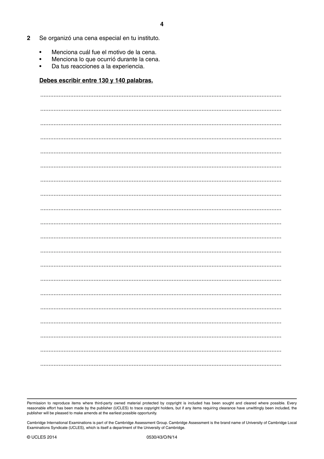 Cambridge IGCSE Spanish - Foreign Language 0530 2014 Oct/Nov Paper 4 · Variant 3 question paper, page 4 of 4
