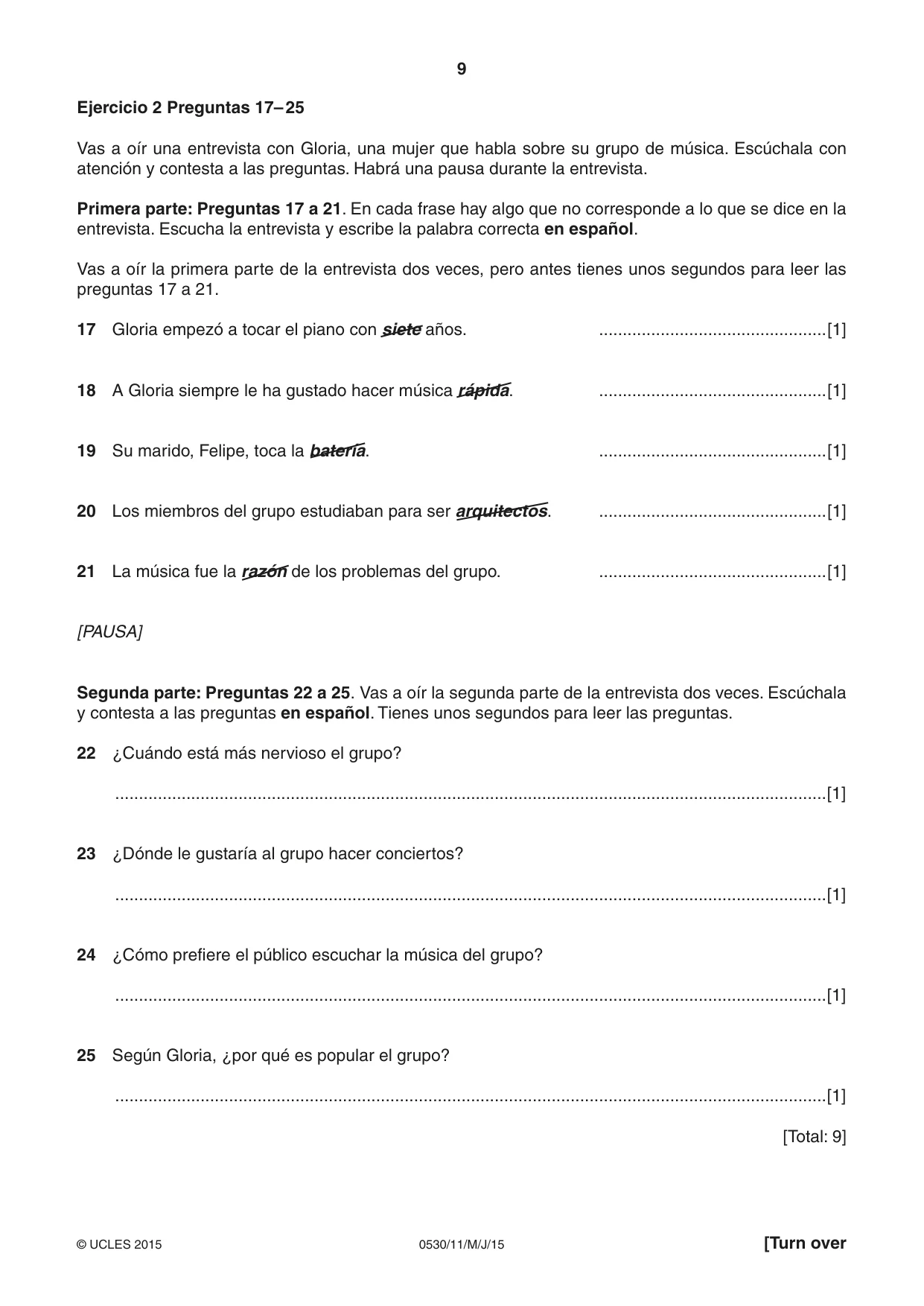 Cambridge IGCSE Spanish - Foreign Language 0530 2015 May/June Paper 1 · Variant 1 question paper, page 9 of 12