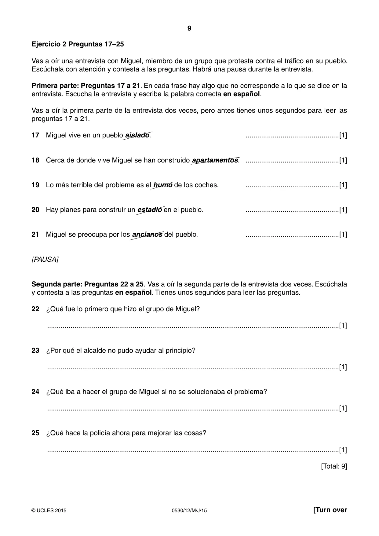 Cambridge IGCSE Spanish - Foreign Language 0530 2015 May/June Paper 1 · Variant 2 question paper, page 9 of 12