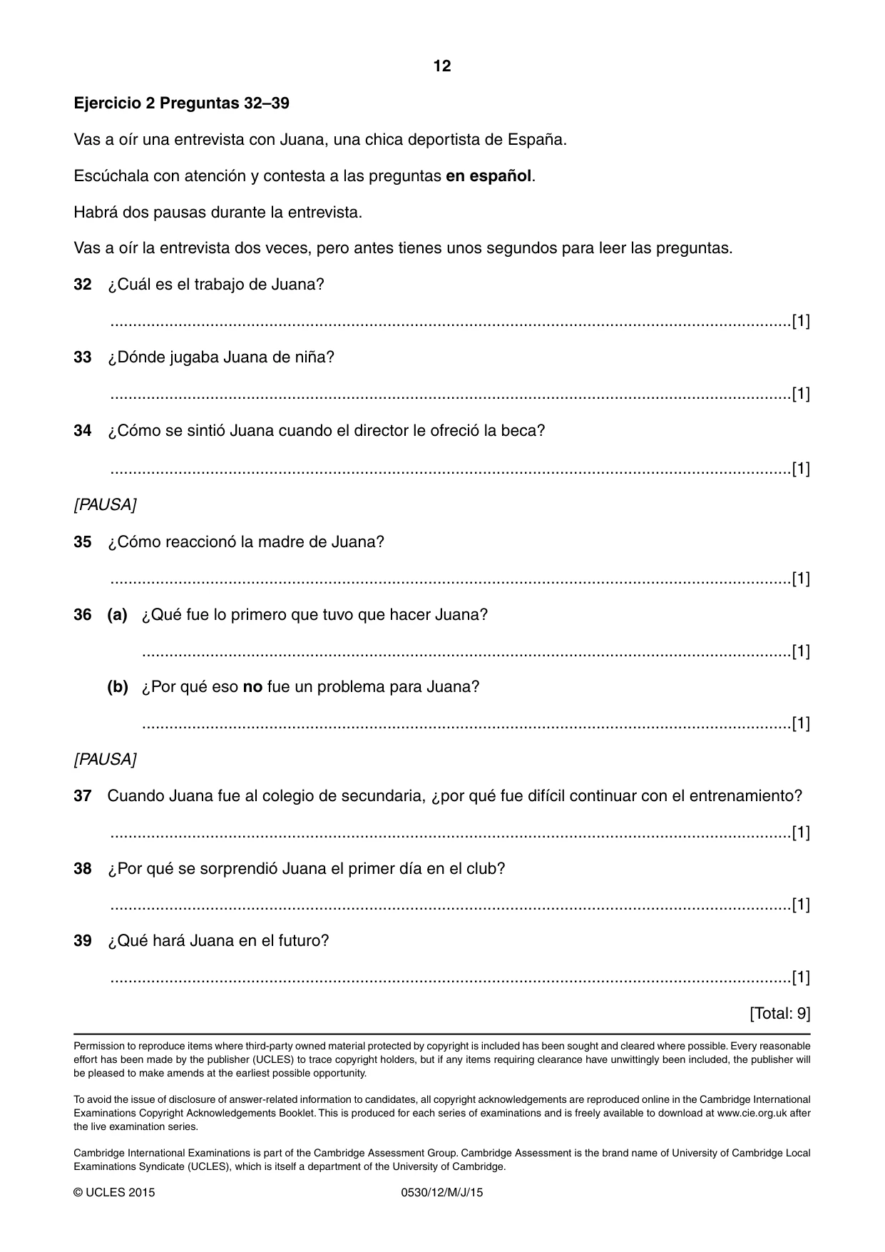 Cambridge IGCSE Spanish - Foreign Language 0530 2015 May/June Paper 1 · Variant 2 question paper, page 12 of 12