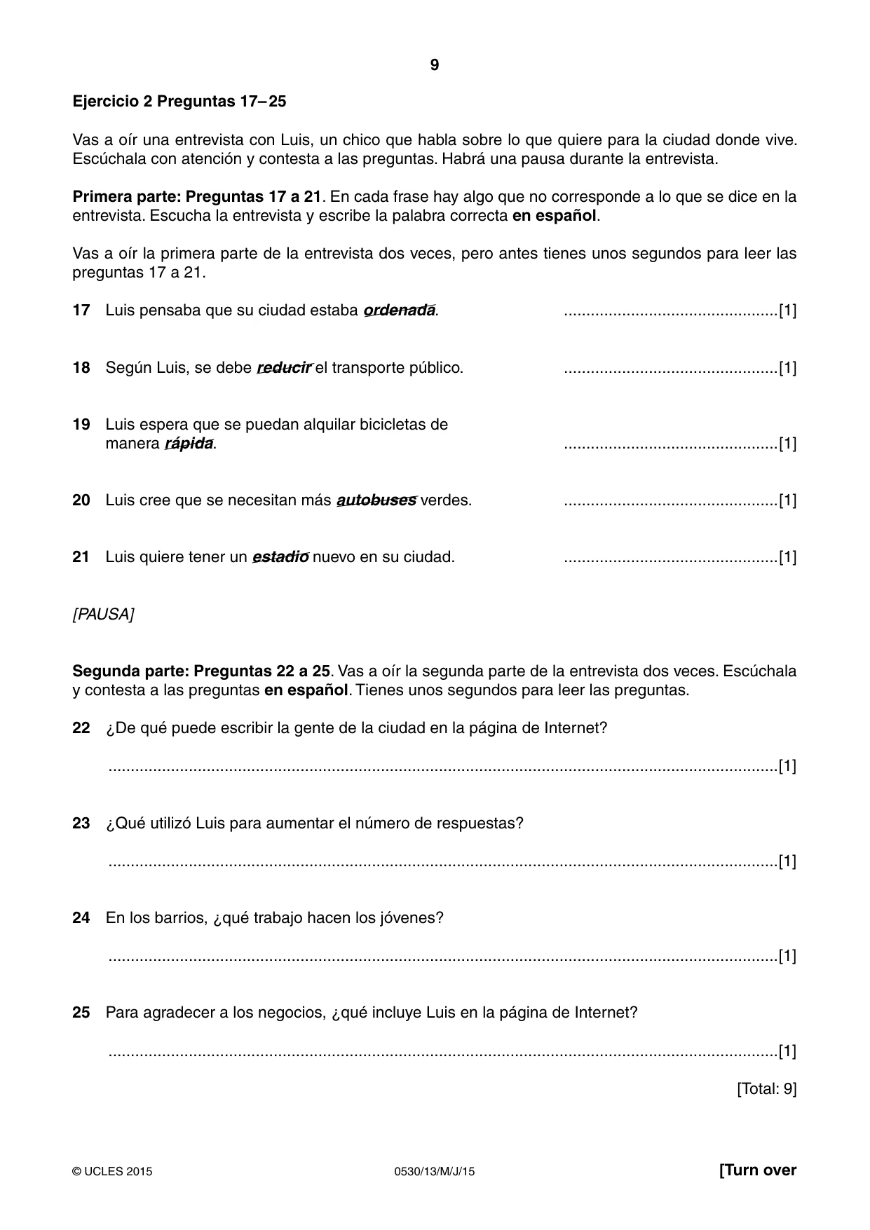 Cambridge IGCSE Spanish - Foreign Language 0530 2015 May/June Paper 1 · Variant 3 question paper, page 9 of 12