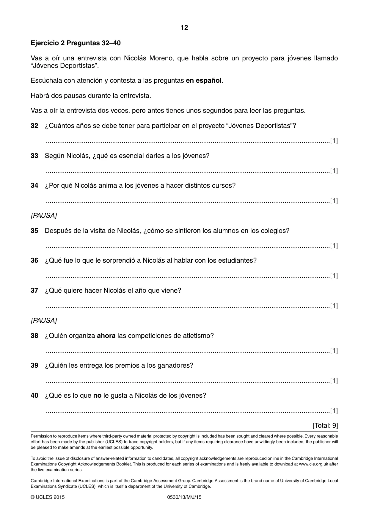 Cambridge IGCSE Spanish - Foreign Language 0530 2015 May/June Paper 1 · Variant 3 question paper, page 12 of 12