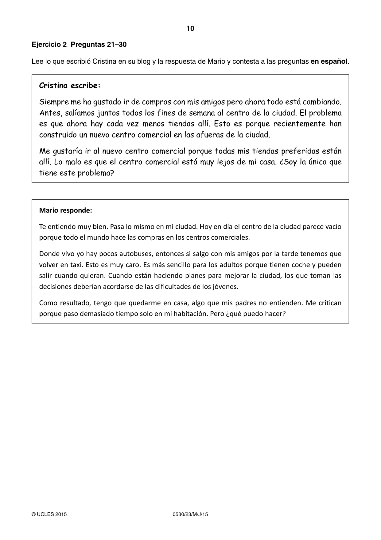 Cambridge IGCSE Spanish - Foreign Language 0530 2015 May/June Paper 2 · Variant 3 question paper, page 10 of 16