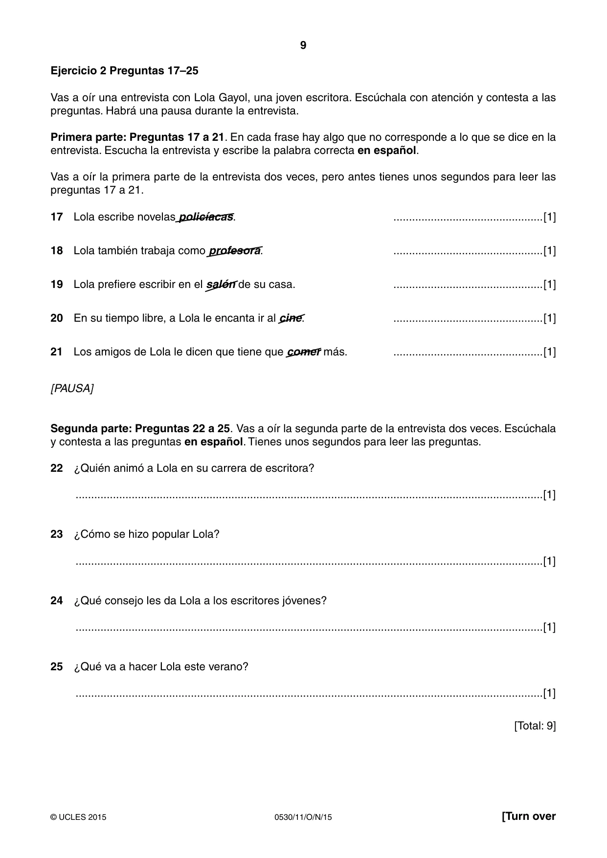 Cambridge IGCSE Spanish - Foreign Language 0530 2015 Oct/Nov Paper 1 · Variant 1 question paper, page 9 of 12