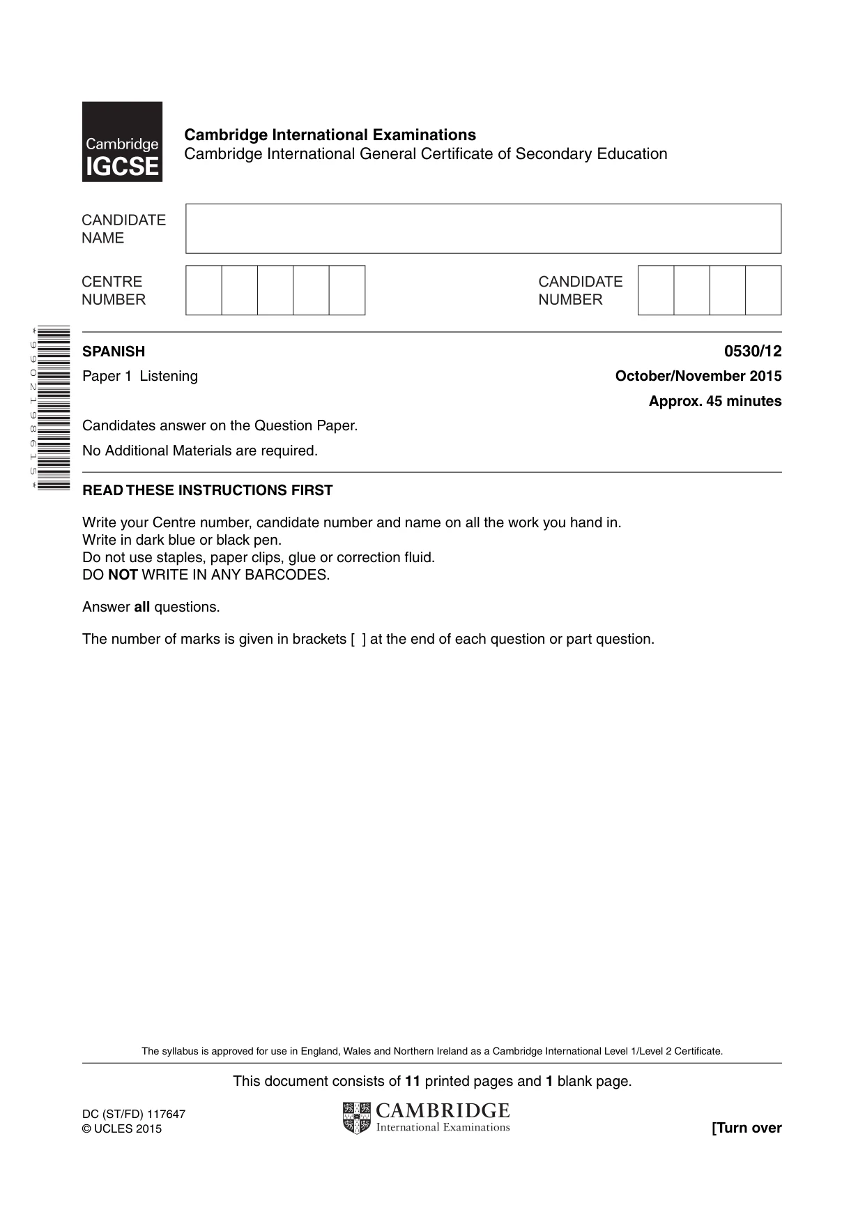 Cambridge IGCSE Spanish - Foreign Language 0530 2015 Oct/Nov Paper 1 · Variant 2 question paper, page 1 of 12
