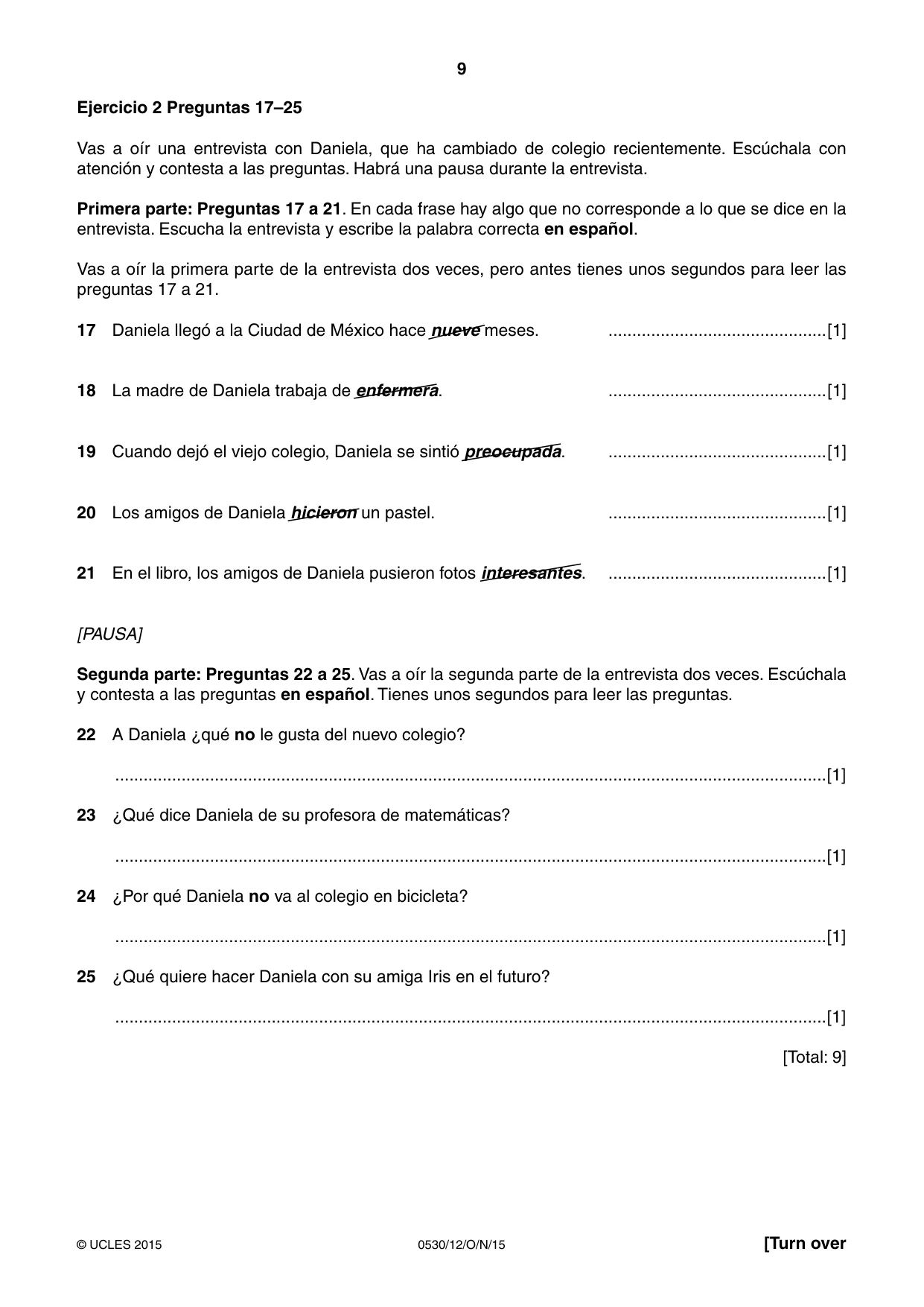 Cambridge IGCSE Spanish - Foreign Language 0530 2015 Oct/Nov Paper 1 · Variant 2 question paper, page 9 of 12