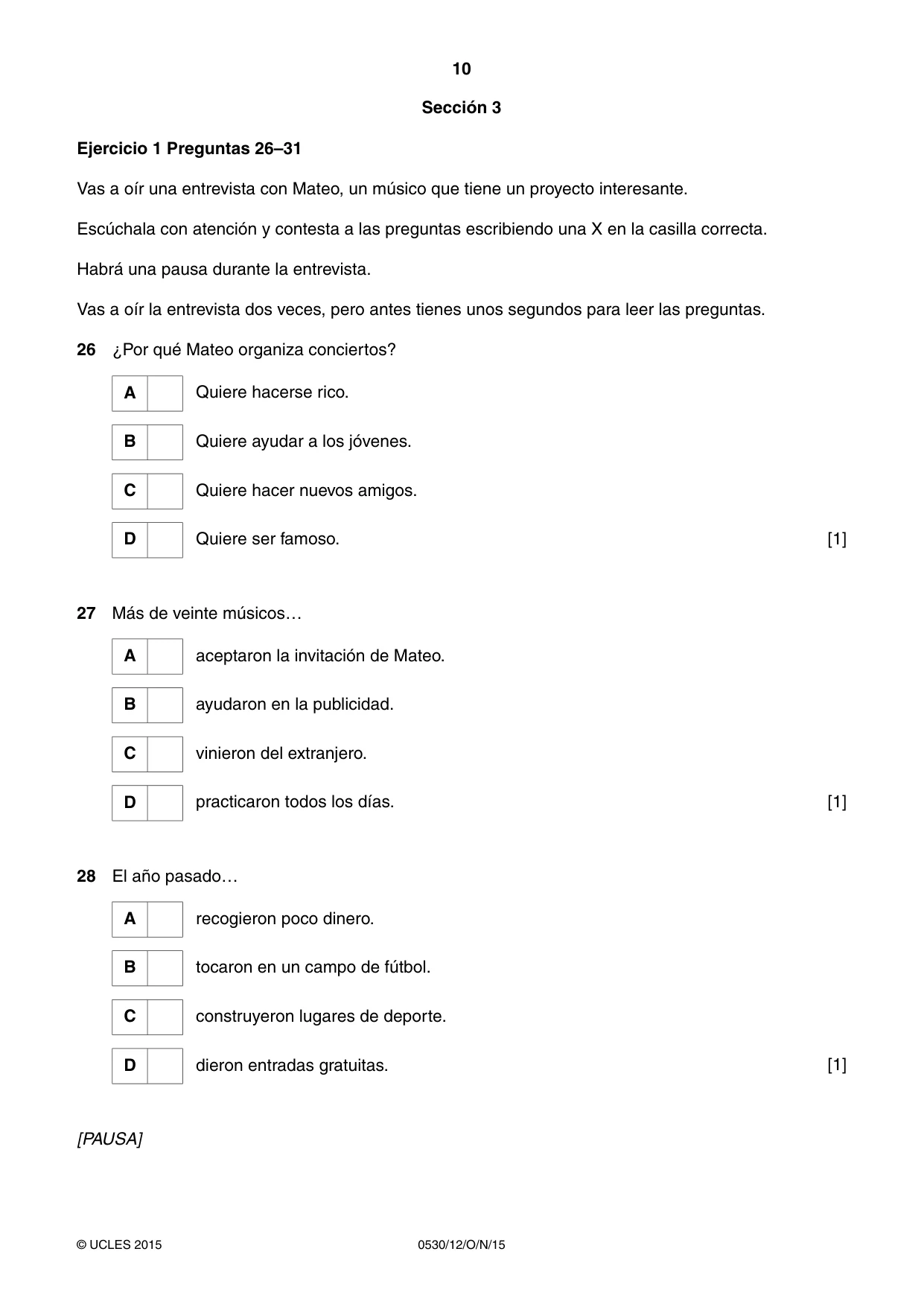 Cambridge IGCSE Spanish - Foreign Language 0530 2015 Oct/Nov Paper 1 · Variant 2 question paper, page 10 of 12