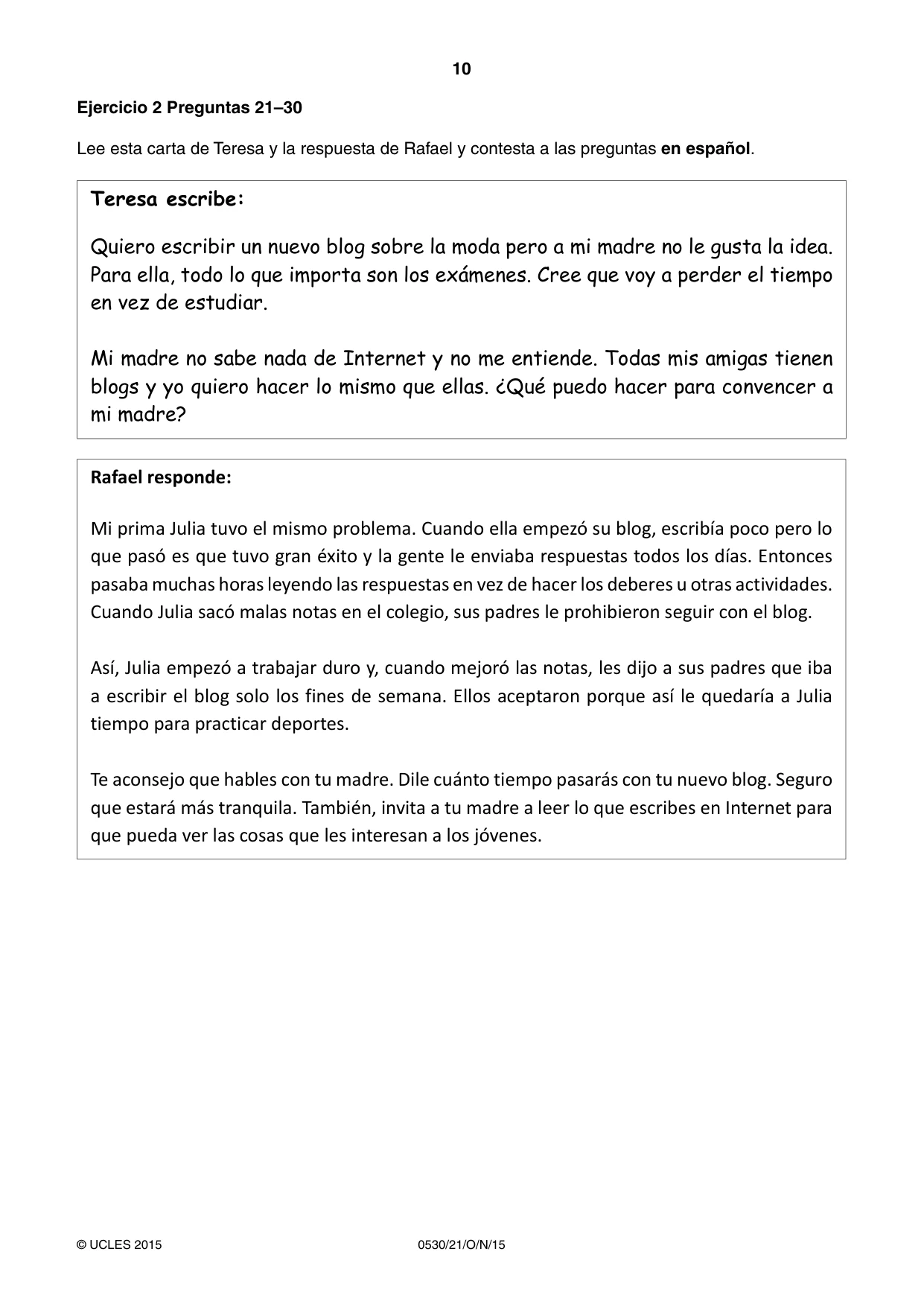 Cambridge IGCSE Spanish - Foreign Language 0530 2015 Oct/Nov Paper 2 · Variant 1 question paper, page 10 of 16