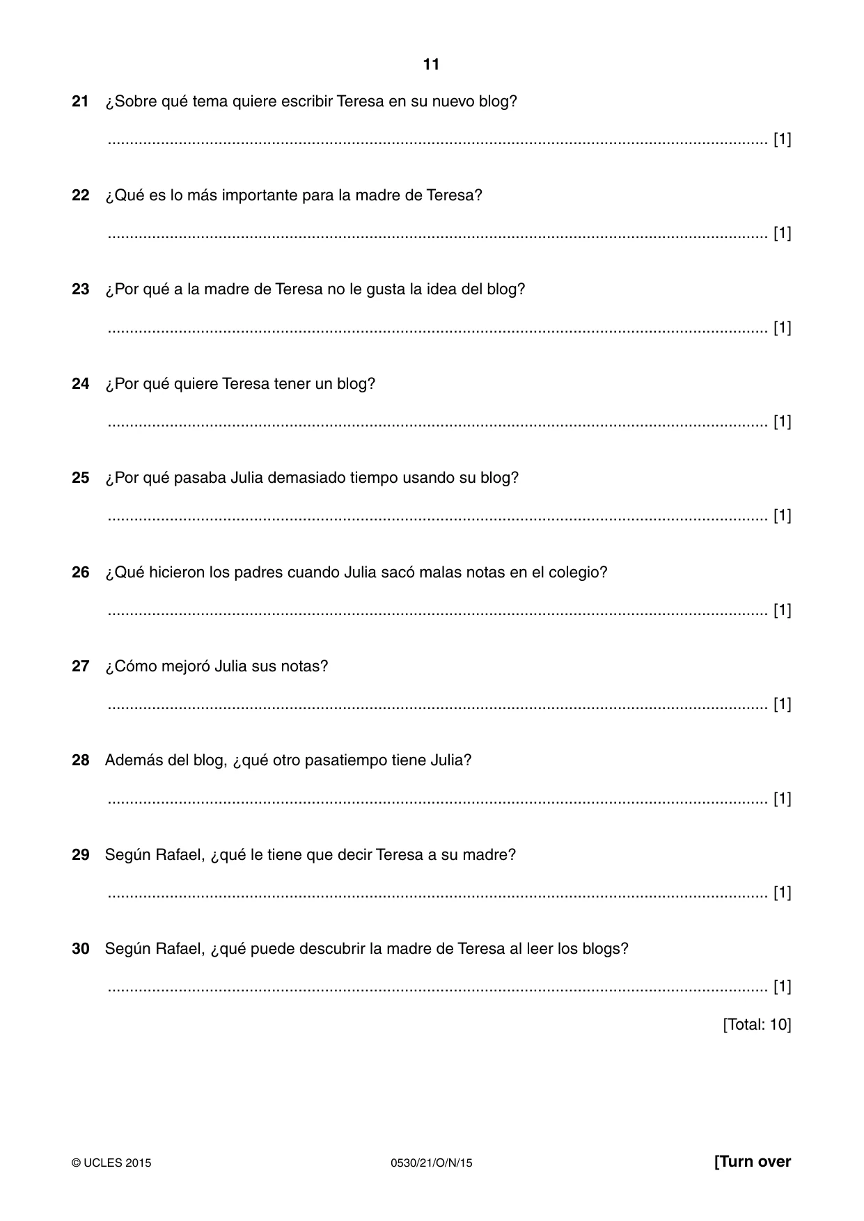Cambridge IGCSE Spanish - Foreign Language 0530 2015 Oct/Nov Paper 2 · Variant 1 question paper, page 11 of 16