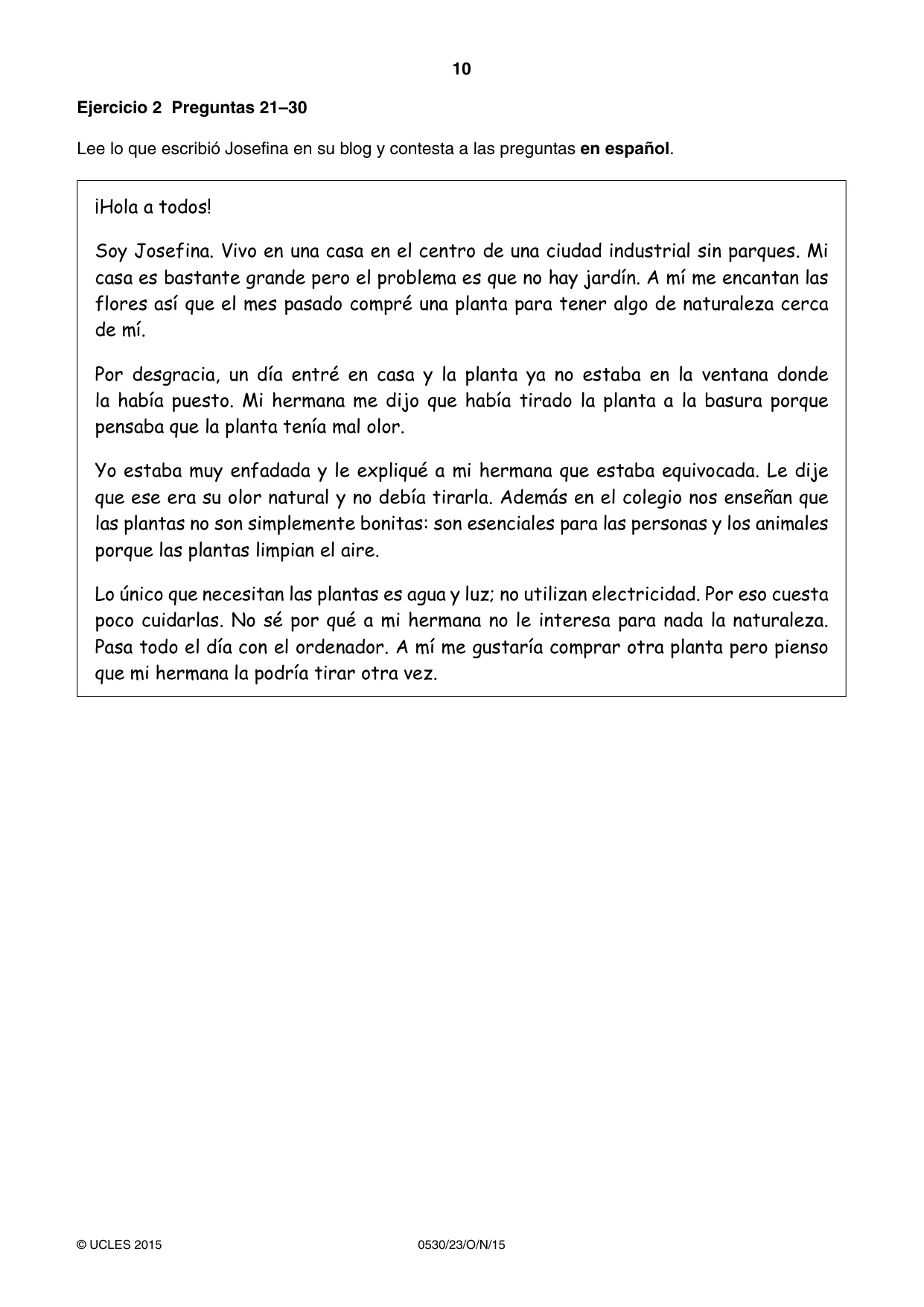 Cambridge IGCSE Spanish - Foreign Language 0530 2015 Oct/Nov Paper 2 · Variant 3 question paper, page 10 of 16