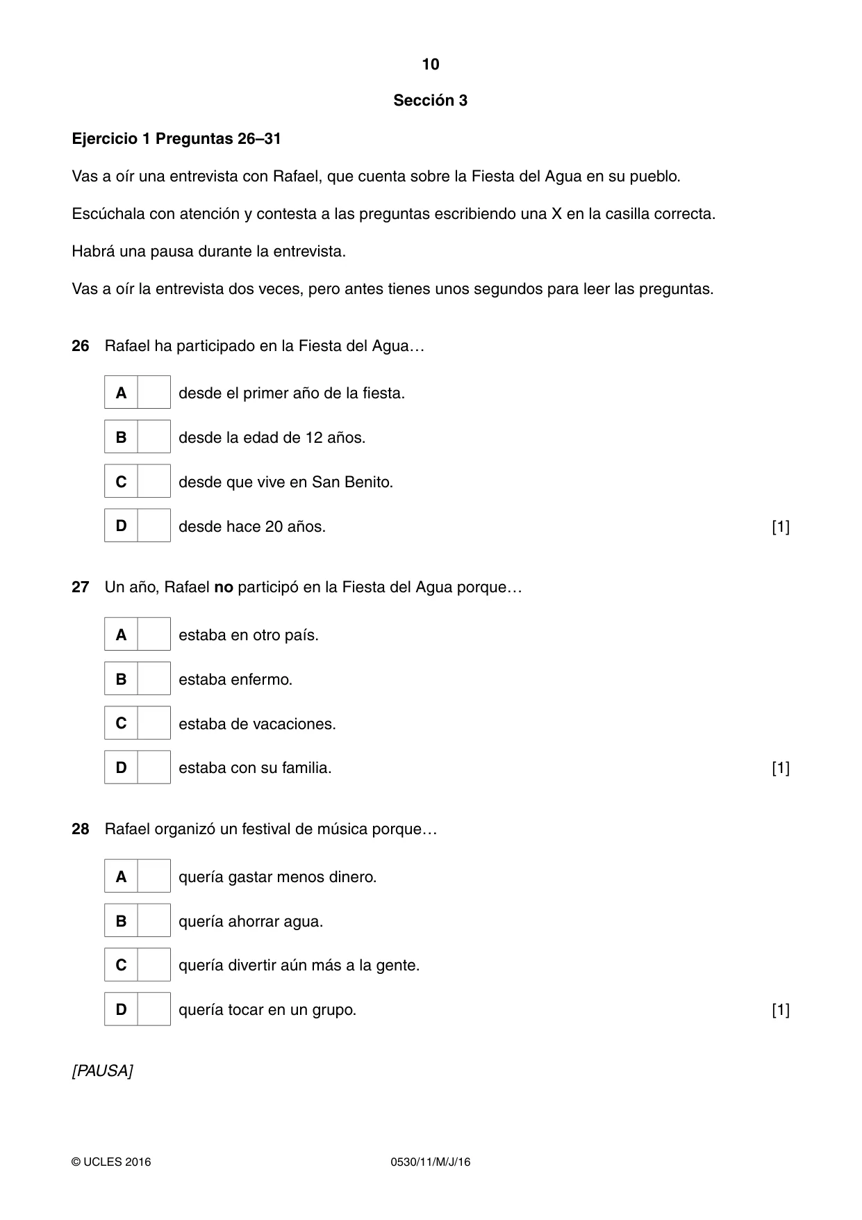 Cambridge IGCSE Spanish - Foreign Language 0530 2016 May/June Paper 1 · Variant 1 question paper, page 10 of 12