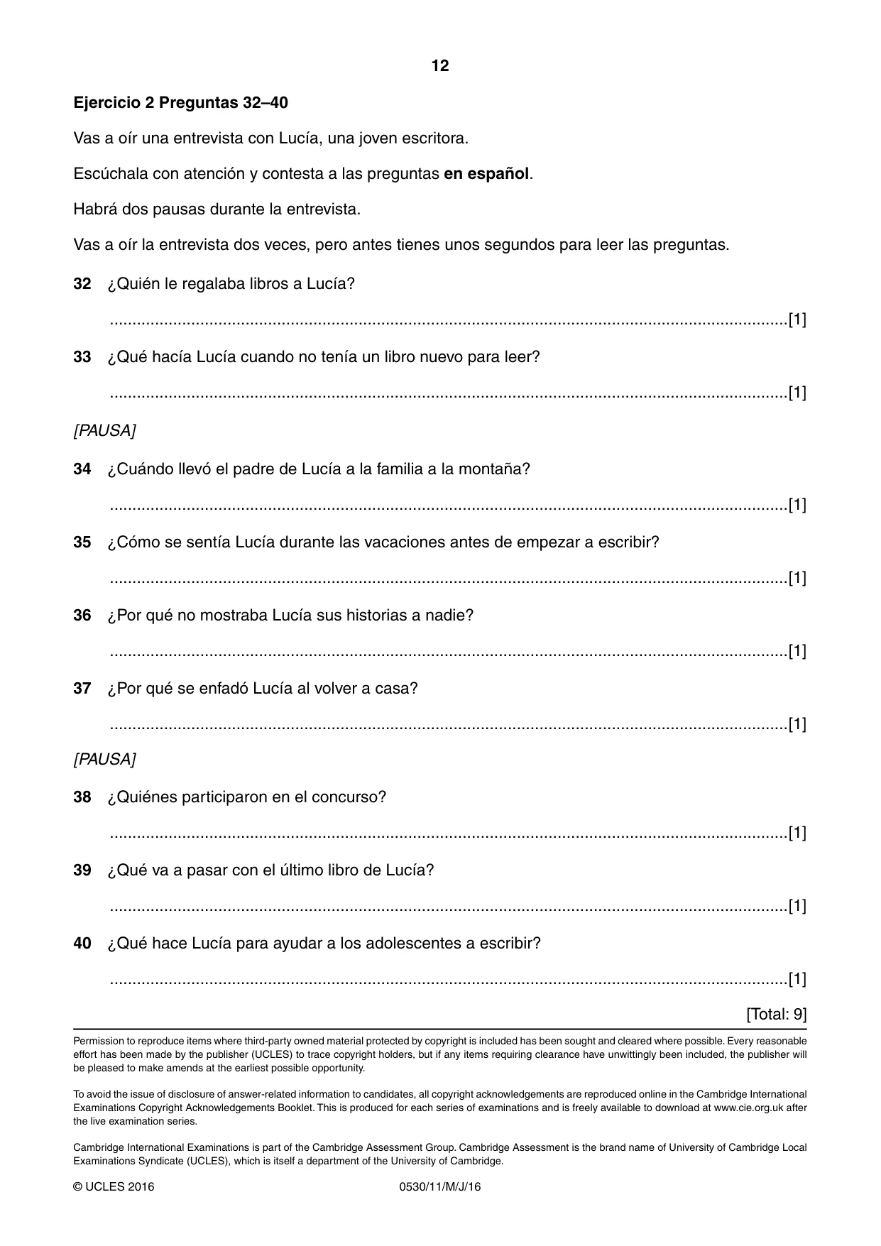 Cambridge IGCSE Spanish - Foreign Language 0530 2016 May/June Paper 1 · Variant 1 question paper, page 12 of 12