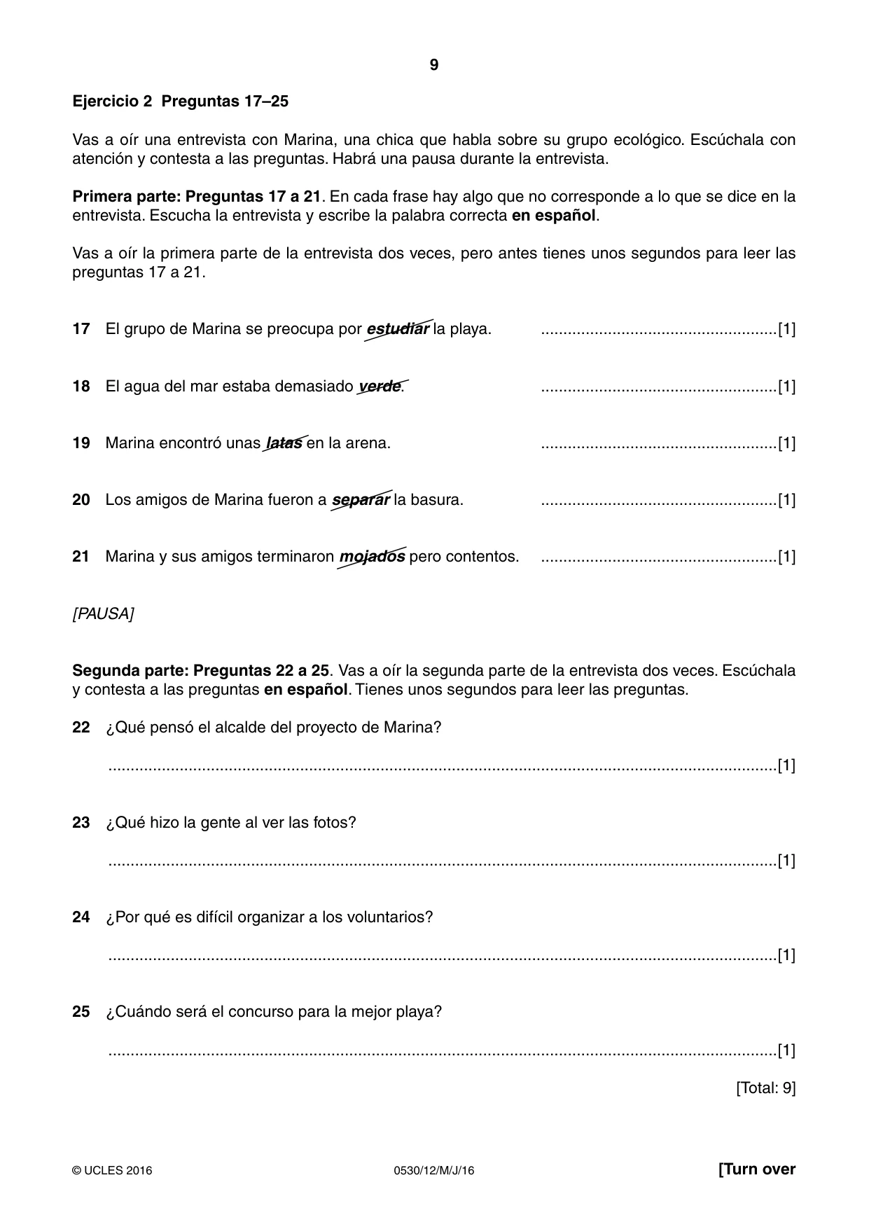 Cambridge IGCSE Spanish - Foreign Language 0530 2016 May/June Paper 1 · Variant 2 question paper, page 9 of 12