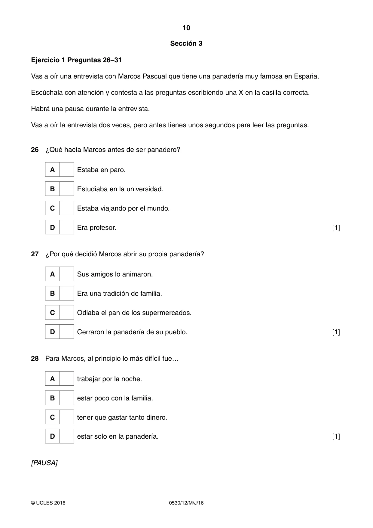 Cambridge IGCSE Spanish - Foreign Language 0530 2016 May/June Paper 1 · Variant 2 question paper, page 10 of 12