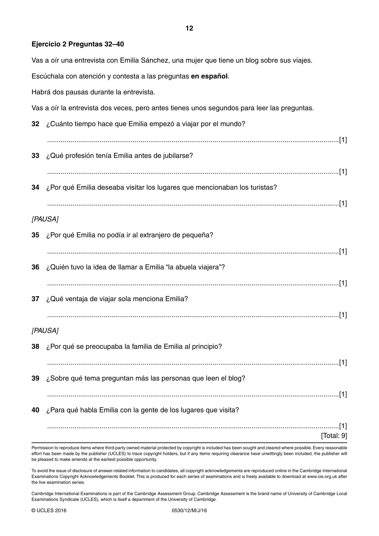 Cambridge IGCSE Spanish - Foreign Language 0530 2016 May/June Paper 1 · Variant 2 question paper, page 12 of 12