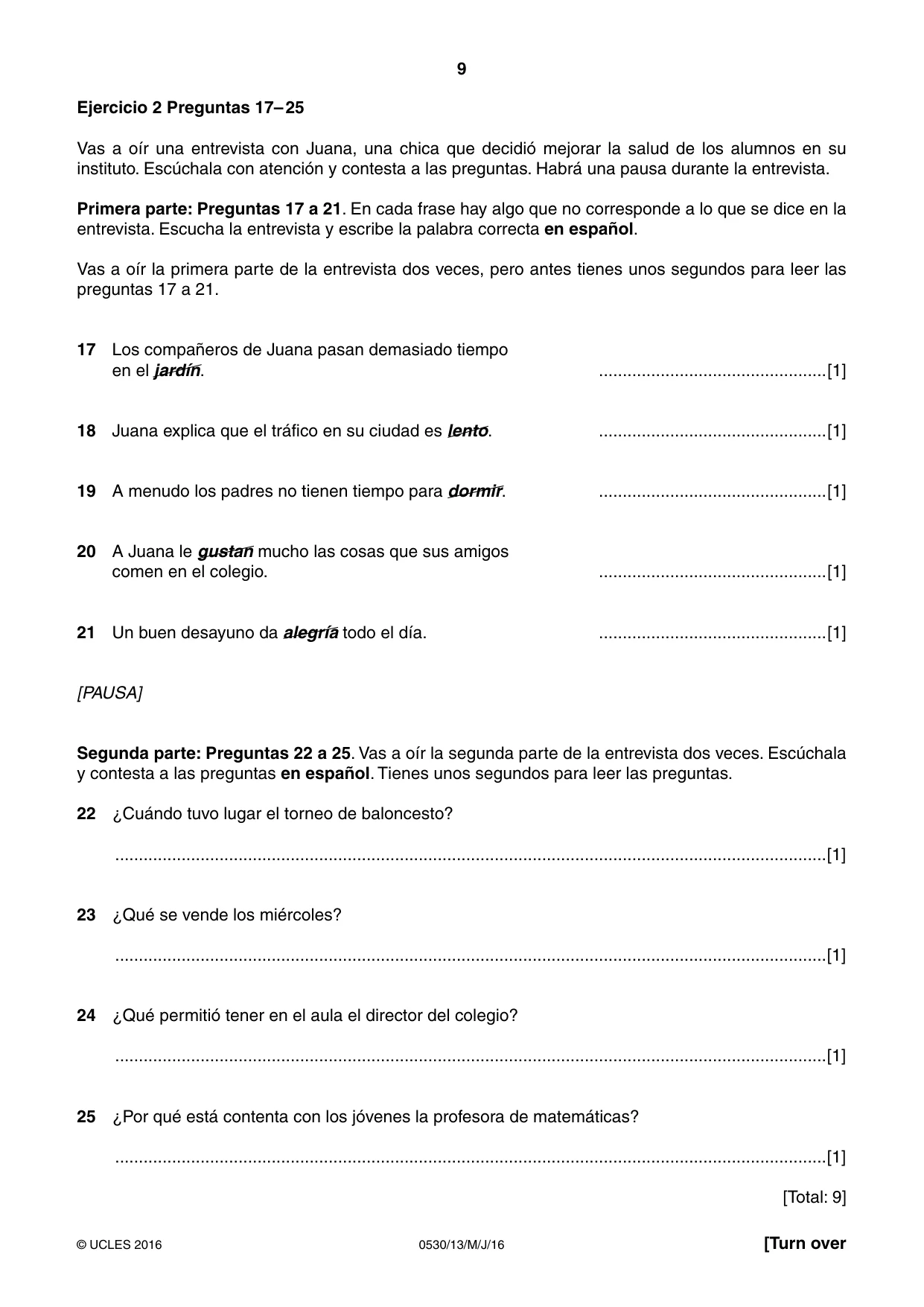 Cambridge IGCSE Spanish - Foreign Language 0530 2016 May/June Paper 1 · Variant 3 question paper, page 9 of 12