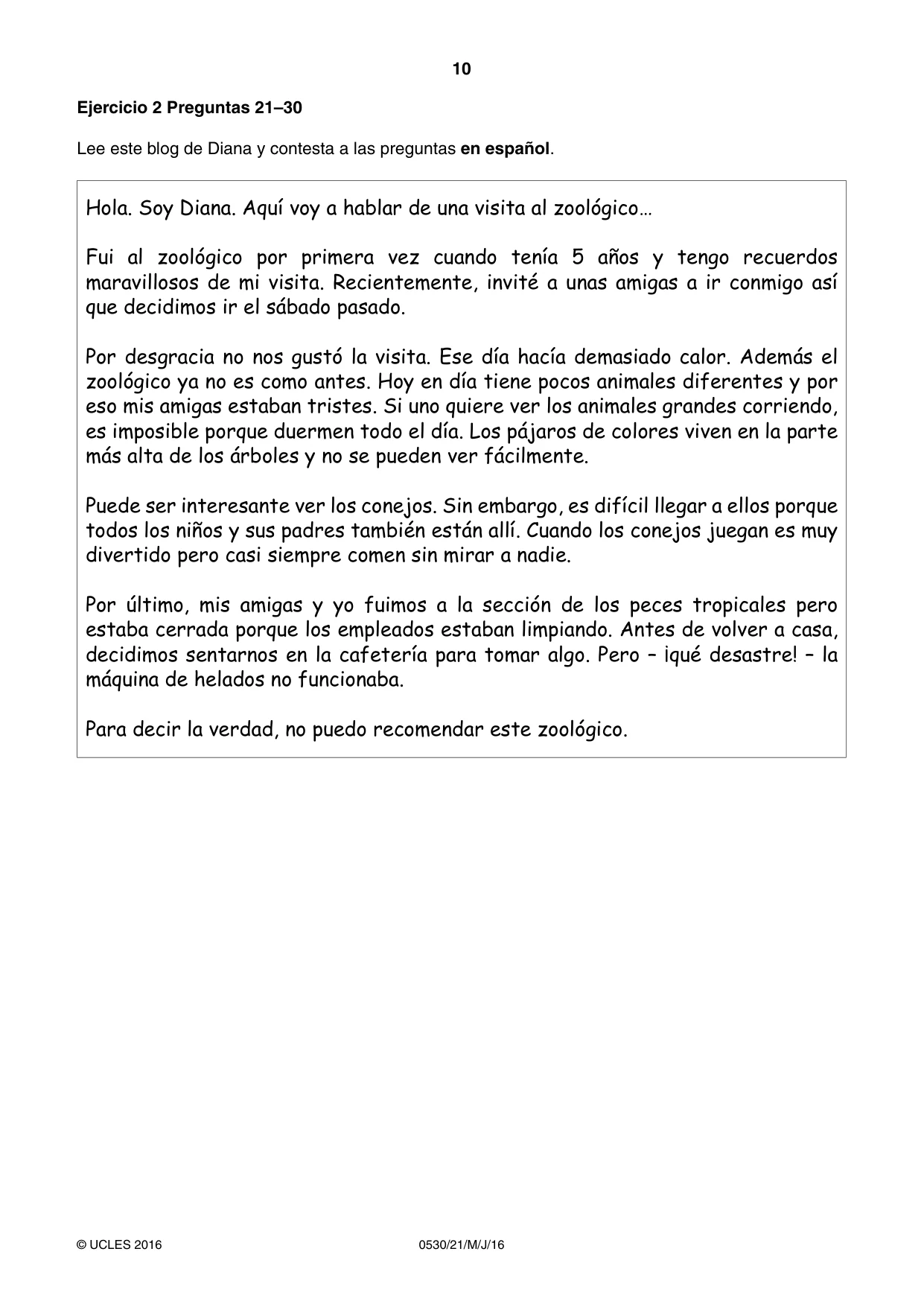 Cambridge IGCSE Spanish - Foreign Language 0530 2016 May/June Paper 2 · Variant 1 question paper, page 10 of 16
