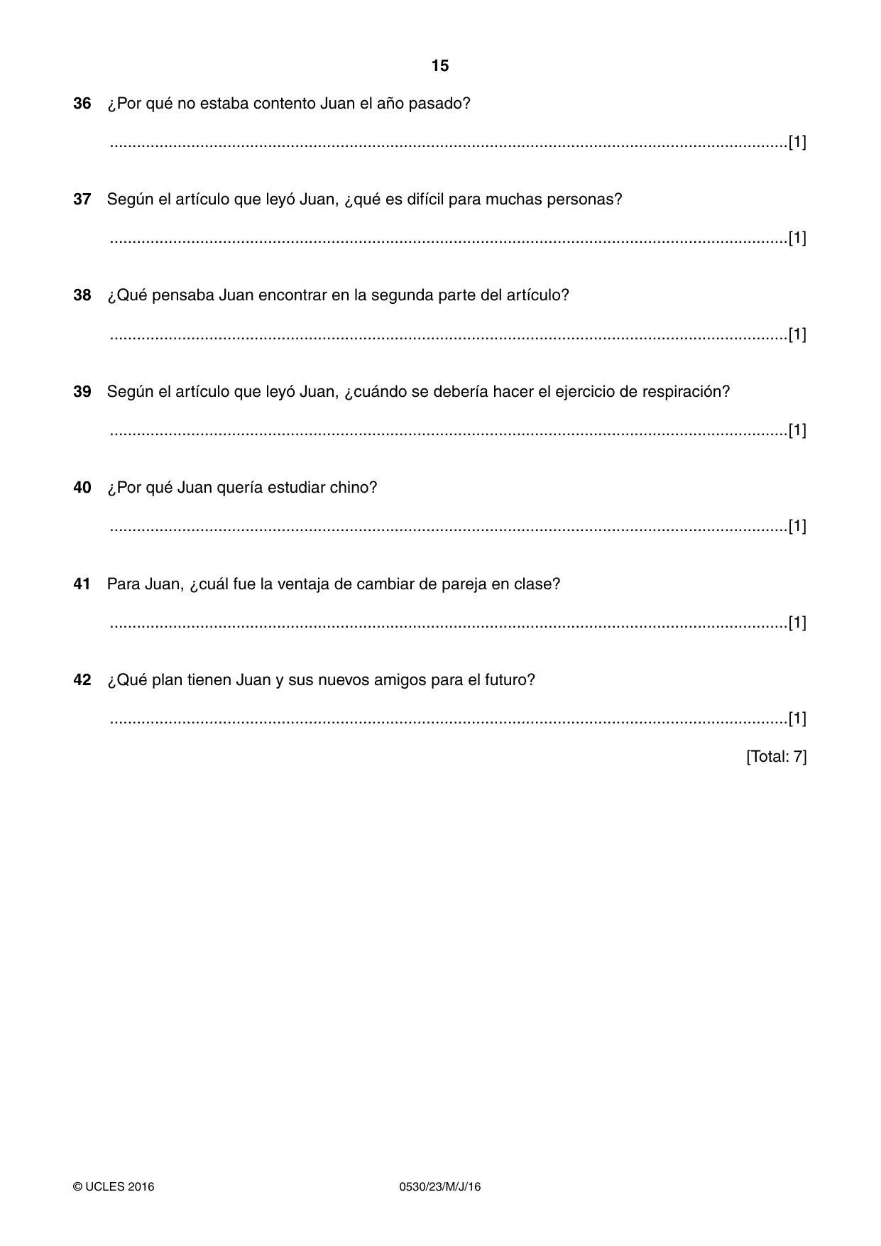 Cambridge IGCSE Spanish - Foreign Language 0530 2016 May/June Paper 2 · Variant 3 question paper, page 15 of 16
