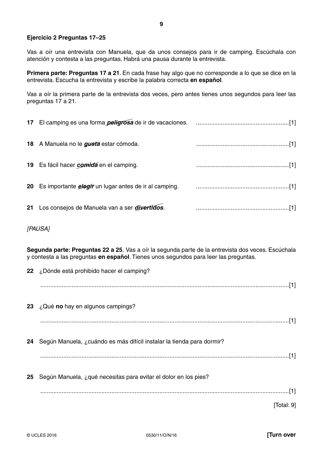 Cambridge IGCSE Spanish - Foreign Language 0530 2016 Oct/Nov Paper 1 · Variant 1 question paper, page 9 of 12