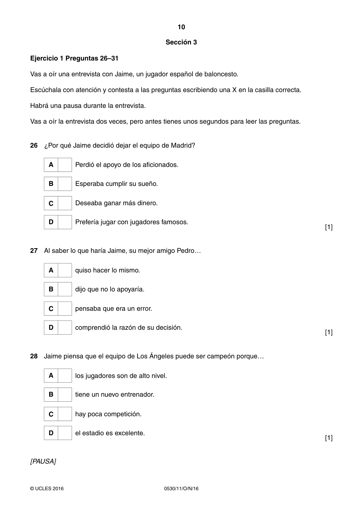 Cambridge IGCSE Spanish - Foreign Language 0530 2016 Oct/Nov Paper 1 · Variant 1 question paper, page 10 of 12