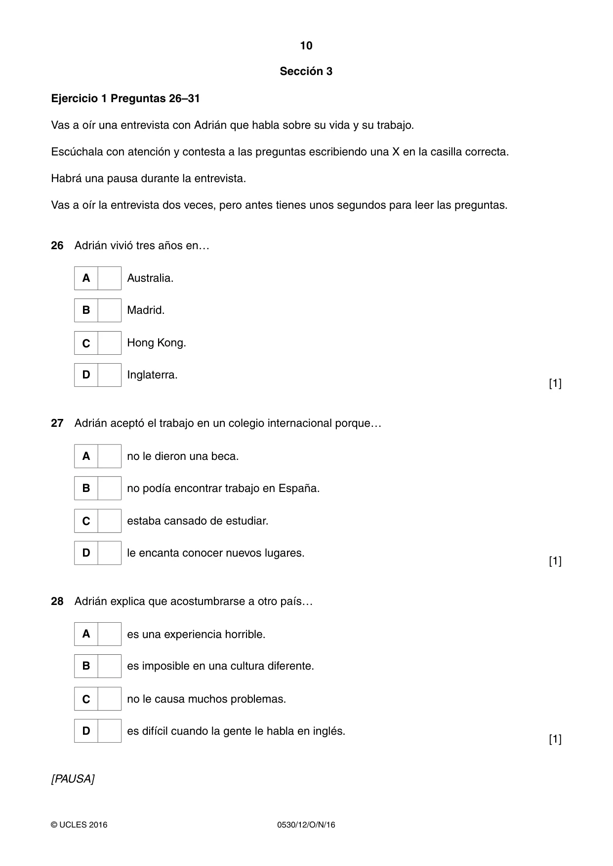 Cambridge IGCSE Spanish - Foreign Language 0530 2016 Oct/Nov Paper 1 · Variant 2 question paper, page 10 of 12