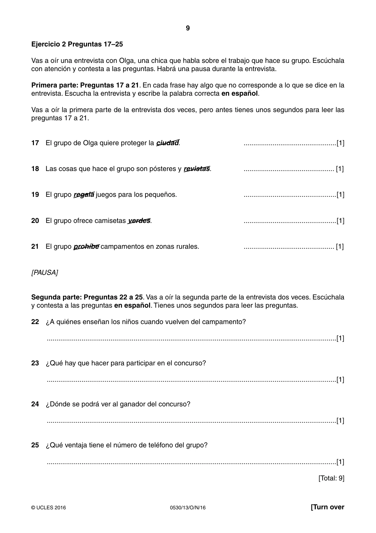 Cambridge IGCSE Spanish - Foreign Language 0530 2016 Oct/Nov Paper 1 · Variant 3 question paper, page 9 of 12