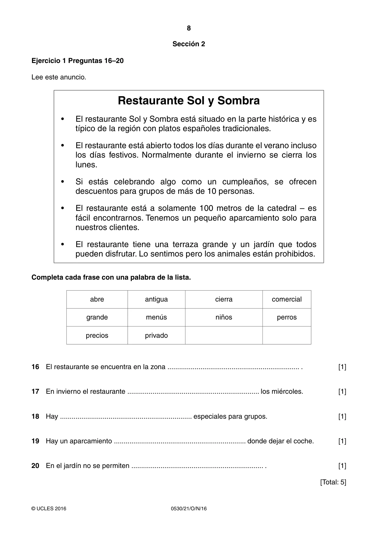 Cambridge IGCSE Spanish - Foreign Language 0530 2016 Oct/Nov Paper 2 · Variant 1 question paper, page 8 of 16
