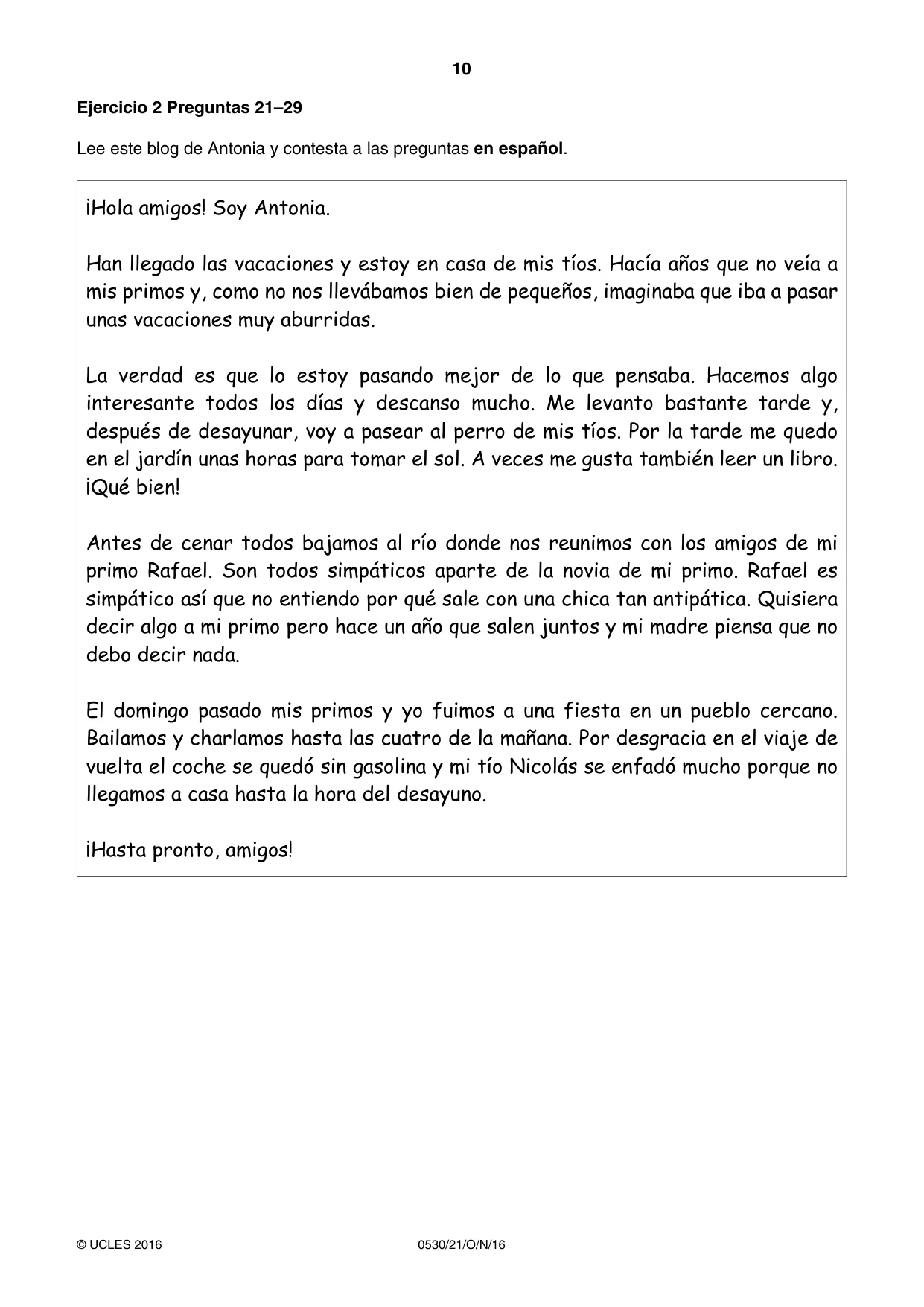 Cambridge IGCSE Spanish - Foreign Language 0530 2016 Oct/Nov Paper 2 · Variant 1 question paper, page 10 of 16