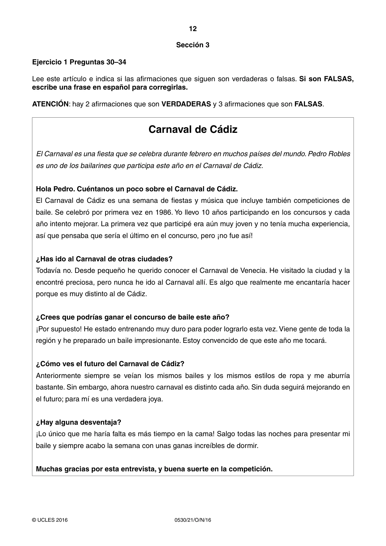 Cambridge IGCSE Spanish - Foreign Language 0530 2016 Oct/Nov Paper 2 · Variant 1 question paper, page 12 of 16