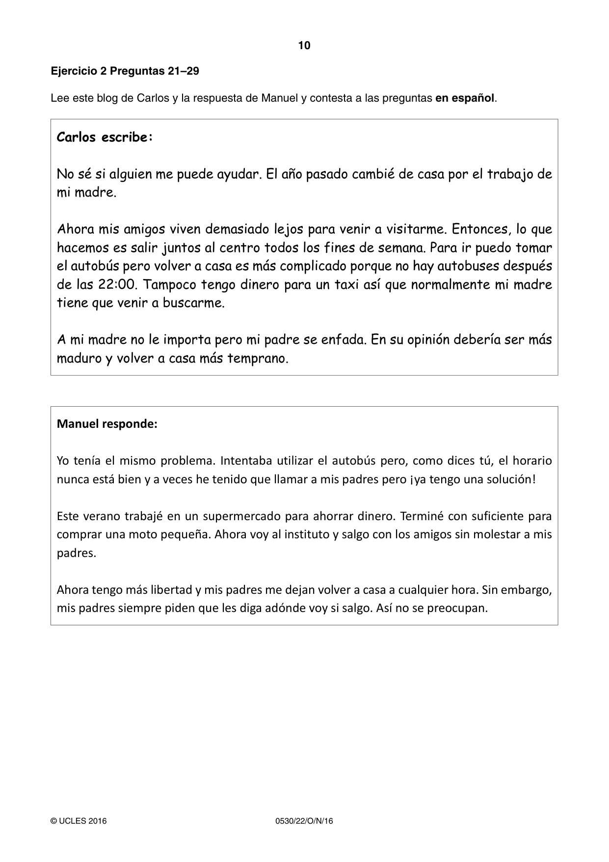 Cambridge IGCSE Spanish - Foreign Language 0530 2016 Oct/Nov Paper 2 · Variant 2 question paper, page 10 of 16