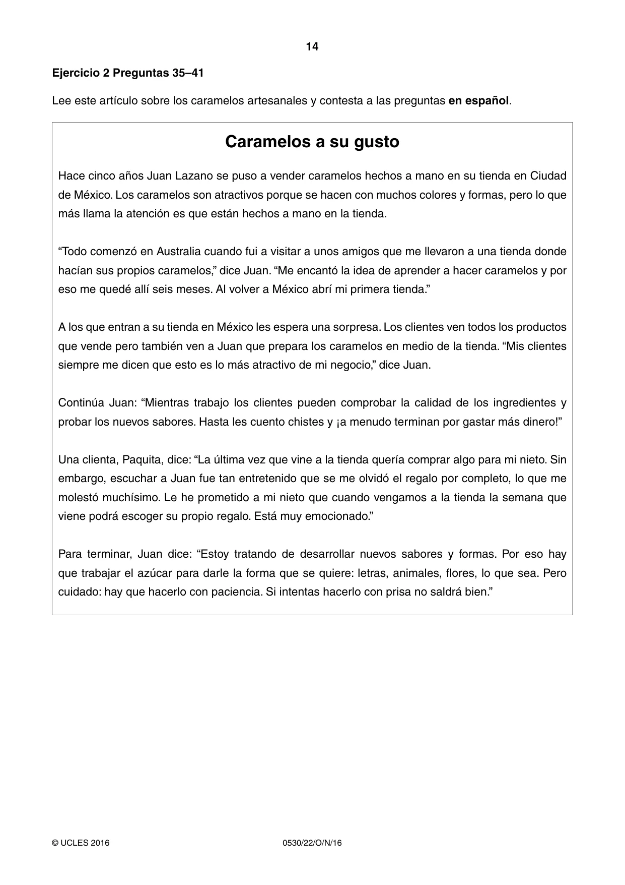Cambridge IGCSE Spanish - Foreign Language 0530 2016 Oct/Nov Paper 2 · Variant 2 question paper, page 14 of 16