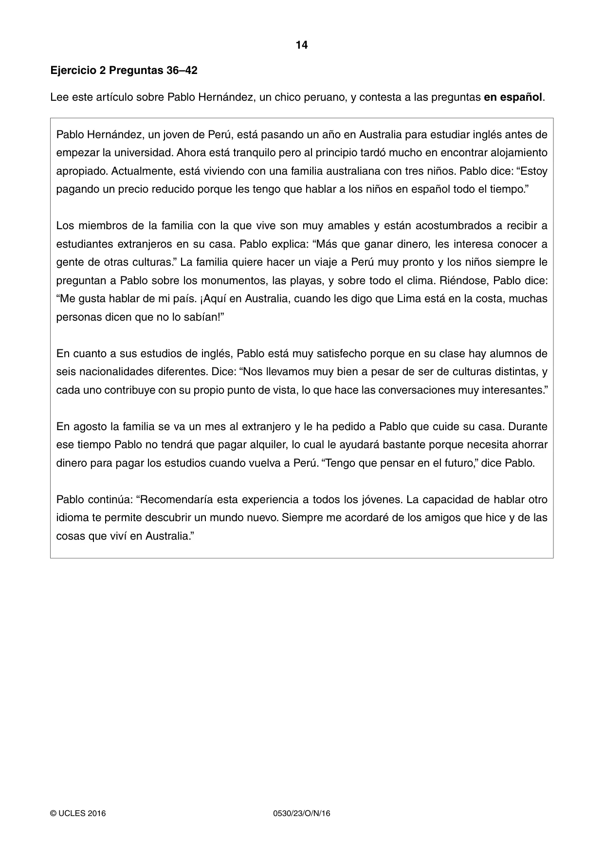 Cambridge IGCSE Spanish - Foreign Language 0530 2016 Oct/Nov Paper 2 · Variant 3 question paper, page 14 of 16