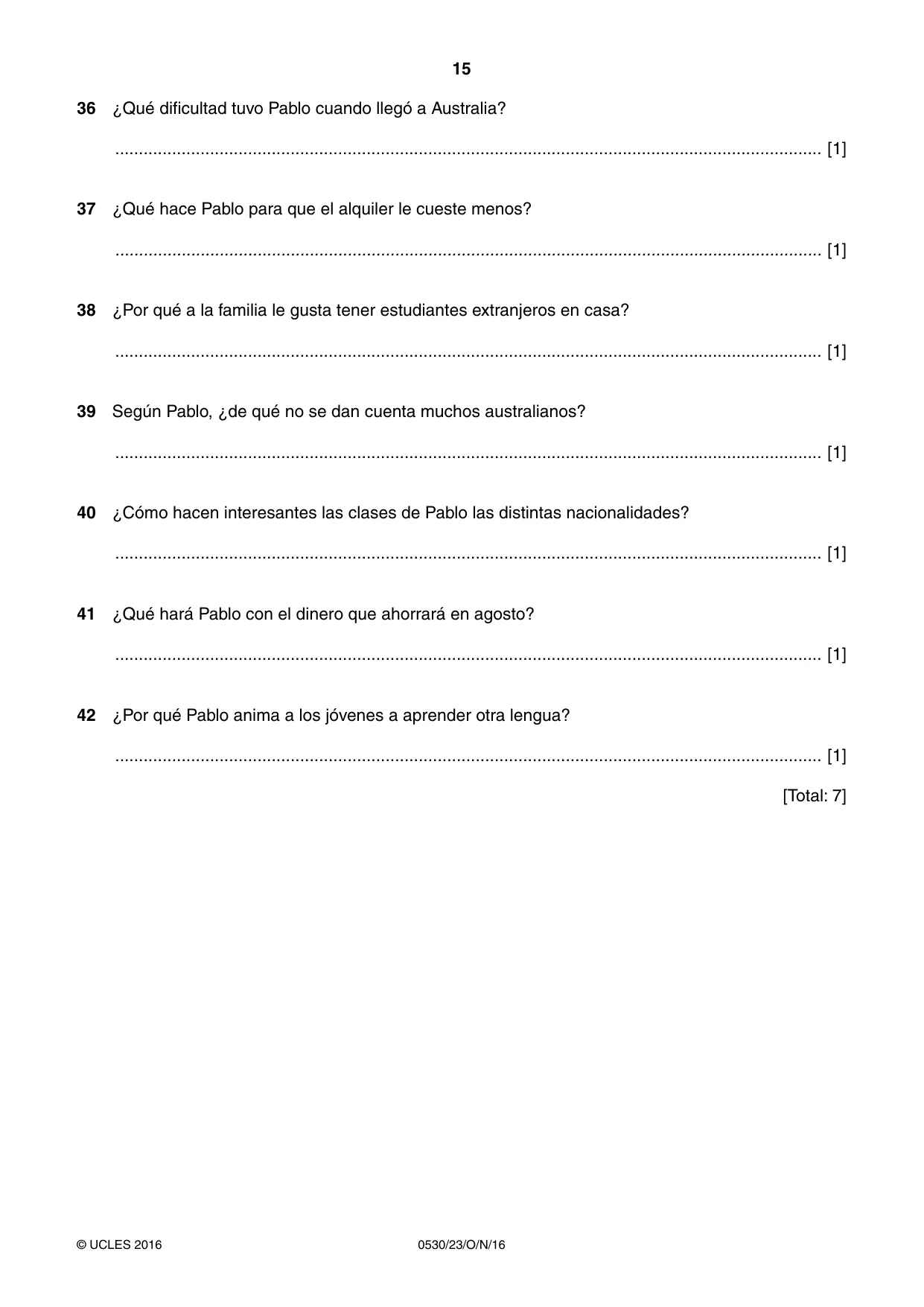 Cambridge IGCSE Spanish - Foreign Language 0530 2016 Oct/Nov Paper 2 · Variant 3 question paper, page 15 of 16