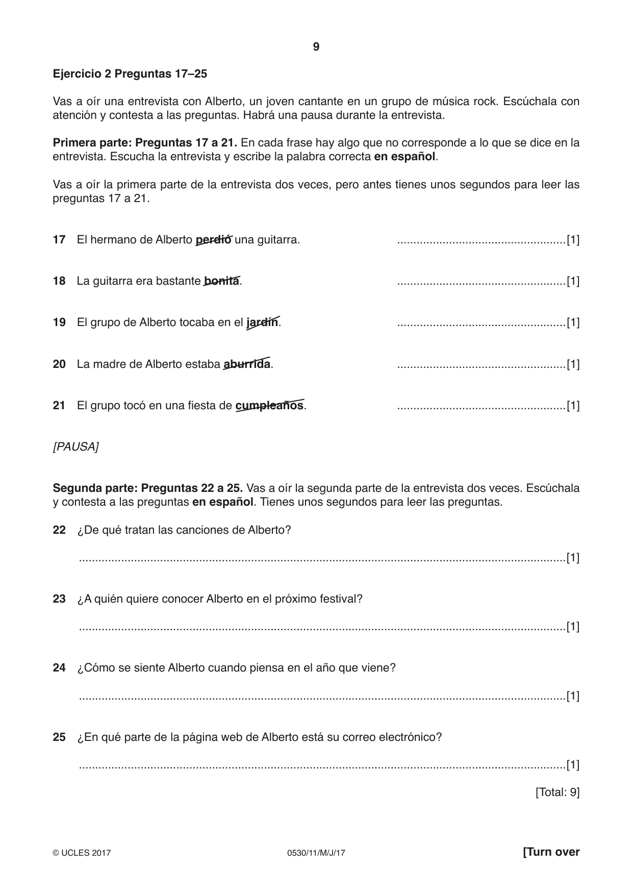 Cambridge IGCSE Spanish - Foreign Language 0530 2017 May/June Paper 1 · Variant 1 question paper, page 9 of 12