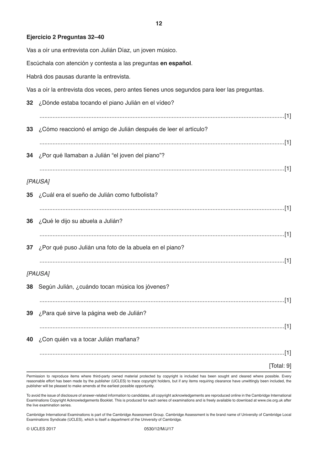 Cambridge IGCSE Spanish - Foreign Language 0530 2017 May/June Paper 1 · Variant 2 question paper, page 12 of 12